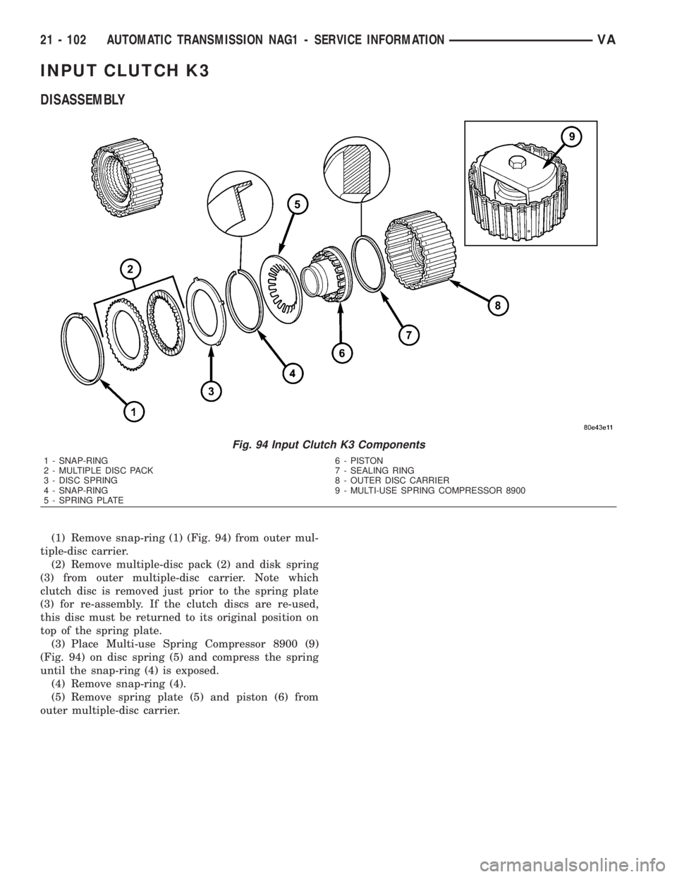 MERCEDES-BENZ SPRINTER 2006 Service Manual INPUT CLUTCH K3
DISASSEMBLY
(1) Remove snap-ring (1) (Fig. 94) from outer mul-
tiple-disc carrier.
(2) Remove multiple-disc pack (2) and disk spring
(3) from outer multiple-disc carrier. Note which
cl MERCEDES-BENZ SPRINTER 2006 Service Manual INPUT CLUTCH K3
DISASSEMBLY
(1) Remove snap-ring (1) (Fig. 94) from outer mul-
tiple-disc carrier.
(2) Remove multiple-disc pack (2) and disk spring
(3) from outer multiple-disc carrier. Note which
cl