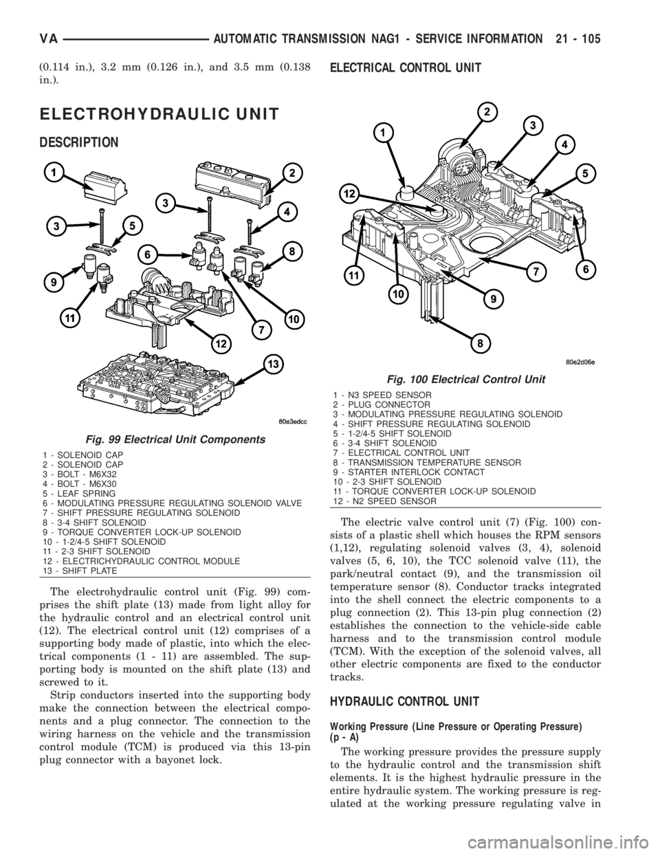 MERCEDES-BENZ SPRINTER 2006 Service Manual (0.114 in.), 3.2 mm (0.126 in.), and 3.5 mm (0.138
in.).
ELECTROHYDRAULIC UNIT
DESCRIPTION
The electrohydraulic control unit (Fig. 99) com-
prises the shift plate (13) made from light alloy for
the hy MERCEDES-BENZ SPRINTER 2006 Service Manual (0.114 in.), 3.2 mm (0.126 in.), and 3.5 mm (0.138
in.).
ELECTROHYDRAULIC UNIT
DESCRIPTION
The electrohydraulic control unit (Fig. 99) com-
prises the shift plate (13) made from light alloy for
the hy