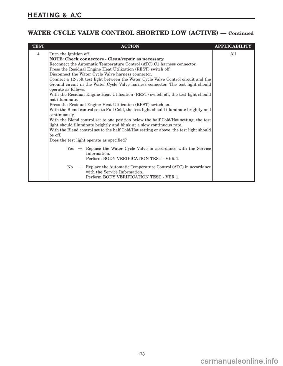 MERCEDES-BENZ SPRINTER 2006 Service Manual TEST ACTION APPLICABILITY
4 Turn the ignition off.
NOTE: Check connectors - Clean/repair as necessary.
Reconnect the Automatic Temperature Control (ATC) C1 harness connector.
Press the Residual Engine MERCEDES-BENZ SPRINTER 2006 Service Manual TEST ACTION APPLICABILITY
4 Turn the ignition off.
NOTE: Check connectors - Clean/repair as necessary.
Reconnect the Automatic Temperature Control (ATC) C1 harness connector.
Press the Residual Engine
