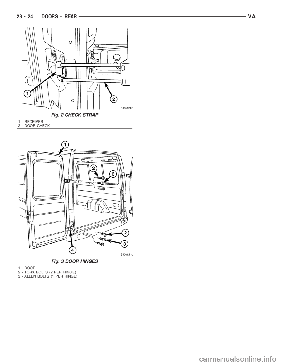 MERCEDES-BENZ SPRINTER 2006 Service Manual Fig. 2 CHECK STRAP
1 - RECEIVER
2 - DOOR CHECK
Fig. 3 DOOR HINGES
1 - DOOR
2 - TORX BOLTS (2 PER HINGE)
3 - ALLEN BOLTS (1 PER HINGE)
23 - 24 DOORS - REARVA MERCEDES-BENZ SPRINTER 2006 Service Manual Fig. 2 CHECK STRAP
1 - RECEIVER
2 - DOOR CHECK
Fig. 3 DOOR HINGES
1 - DOOR
2 - TORX BOLTS (2 PER HINGE)
3 - ALLEN BOLTS (1 PER HINGE)
23 - 24 DOORS - REARVA