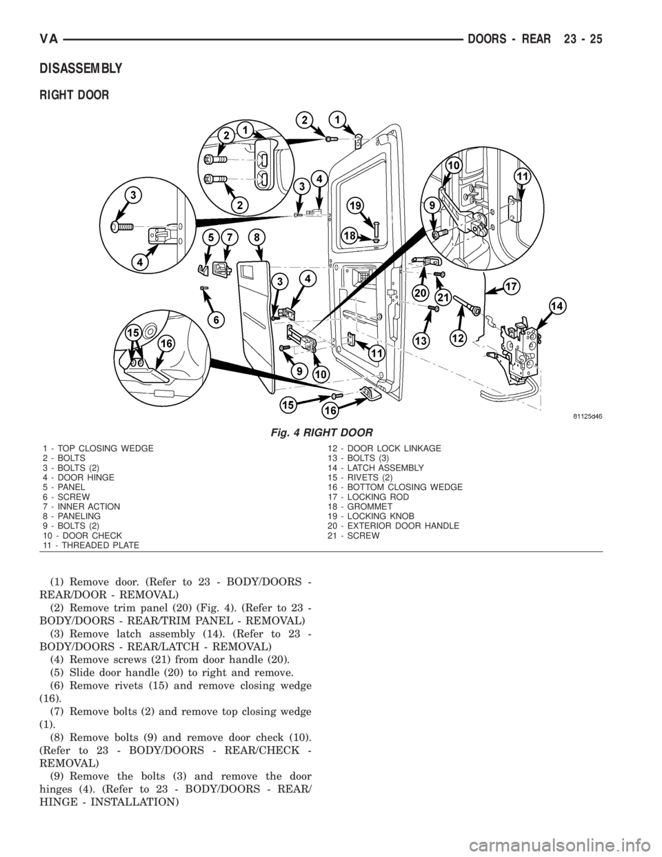 MERCEDES-BENZ SPRINTER 2006 Service Manual DISASSEMBLY
RIGHT DOOR
(1) Remove door. (Refer to 23 - BODY/DOORS -
REAR/DOOR - REMOVAL)
(2) Remove trim panel (20) (Fig. 4). (Refer to 23 -
BODY/DOORS - REAR/TRIM PANEL - REMOVAL)
(3) Remove latch as MERCEDES-BENZ SPRINTER 2006 Service Manual DISASSEMBLY
RIGHT DOOR
(1) Remove door. (Refer to 23 - BODY/DOORS -
REAR/DOOR - REMOVAL)
(2) Remove trim panel (20) (Fig. 4). (Refer to 23 -
BODY/DOORS - REAR/TRIM PANEL - REMOVAL)
(3) Remove latch as