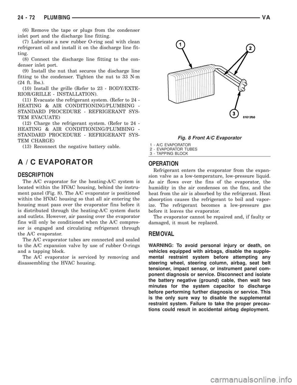MERCEDES-BENZ SPRINTER 2006  Service Manual (6) Remove the tape or plugs from the condenser
inlet port and the discharge line fitting.
(7) Lubricate a new rubber O-ring seal with clean
refrigerant oil and install it on the discharge line fit-
t
