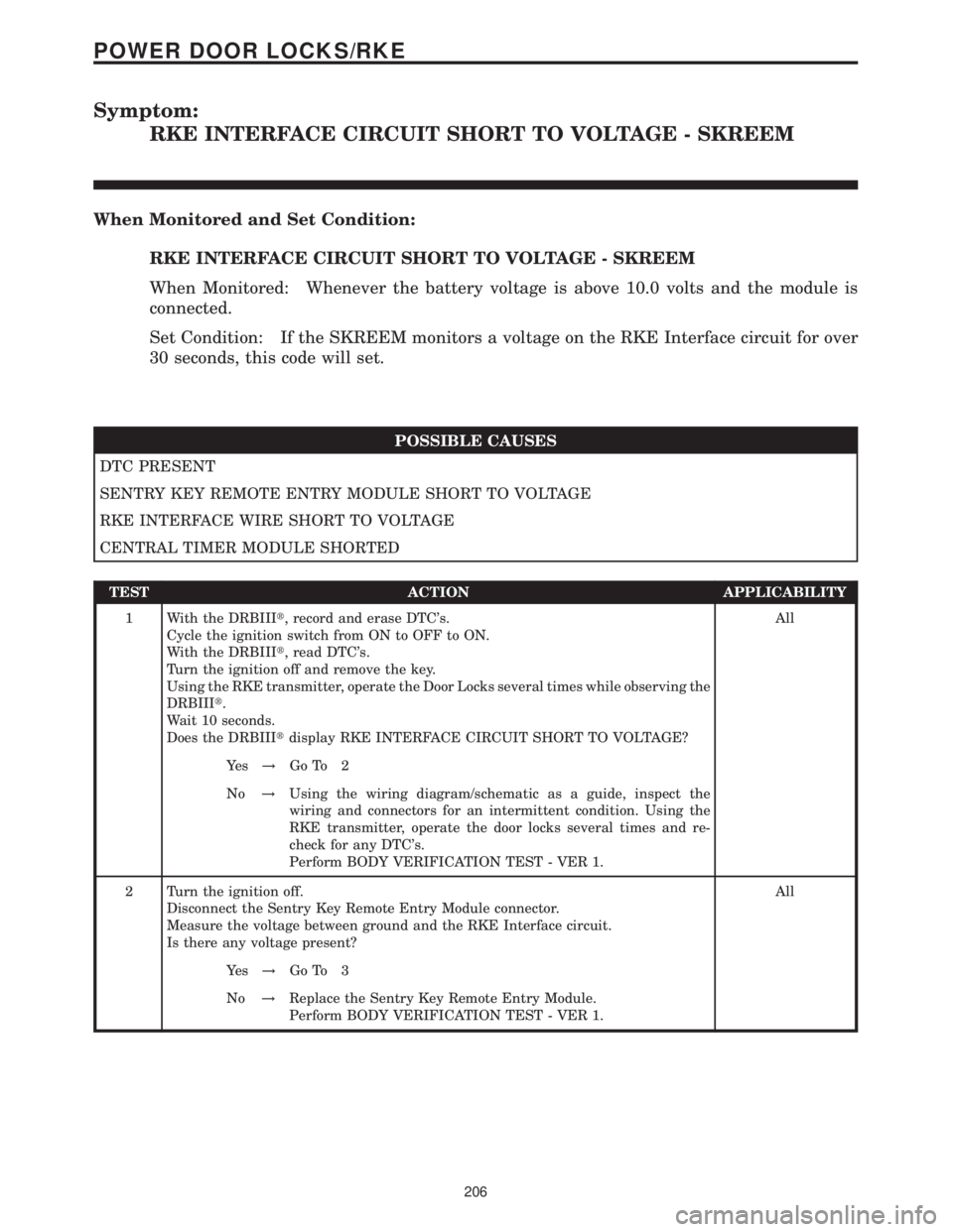 MERCEDES-BENZ SPRINTER 2006 Service Manual Symptom:
RKE INTERFACE CIRCUIT SHORT TO VOLTAGE - SKREEM
When Monitored and Set Condition:
RKE INTERFACE CIRCUIT SHORT TO VOLTAGE - SKREEM
When Monitored: Whenever the battery voltage is above 10.0 vo MERCEDES-BENZ SPRINTER 2006 Service Manual Symptom:
RKE INTERFACE CIRCUIT SHORT TO VOLTAGE - SKREEM
When Monitored and Set Condition:
RKE INTERFACE CIRCUIT SHORT TO VOLTAGE - SKREEM
When Monitored: Whenever the battery voltage is above 10.0 vo