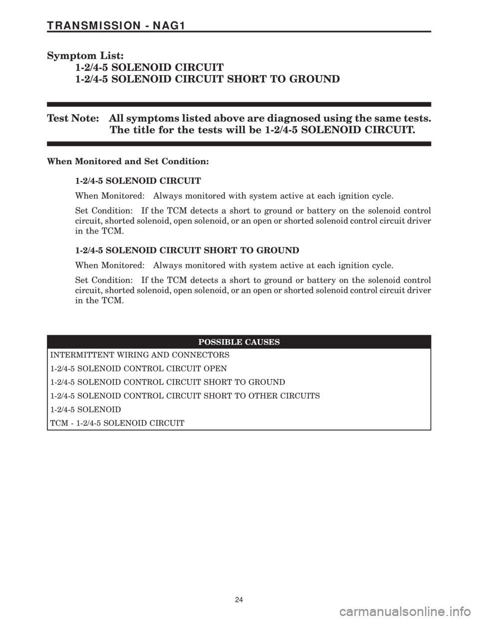 MERCEDES-BENZ SPRINTER 2006 Service Manual Symptom List:
1-2/4-5 SOLENOID CIRCUIT
1-2/4-5 SOLENOID CIRCUIT SHORT TO GROUND
Test Note: All symptoms listed above are diagnosed using the same tests.
The title for the tests will be 1-2/4-5 SOLENOI MERCEDES-BENZ SPRINTER 2006 Service Manual Symptom List:
1-2/4-5 SOLENOID CIRCUIT
1-2/4-5 SOLENOID CIRCUIT SHORT TO GROUND
Test Note: All symptoms listed above are diagnosed using the same tests.
The title for the tests will be 1-2/4-5 SOLENOI