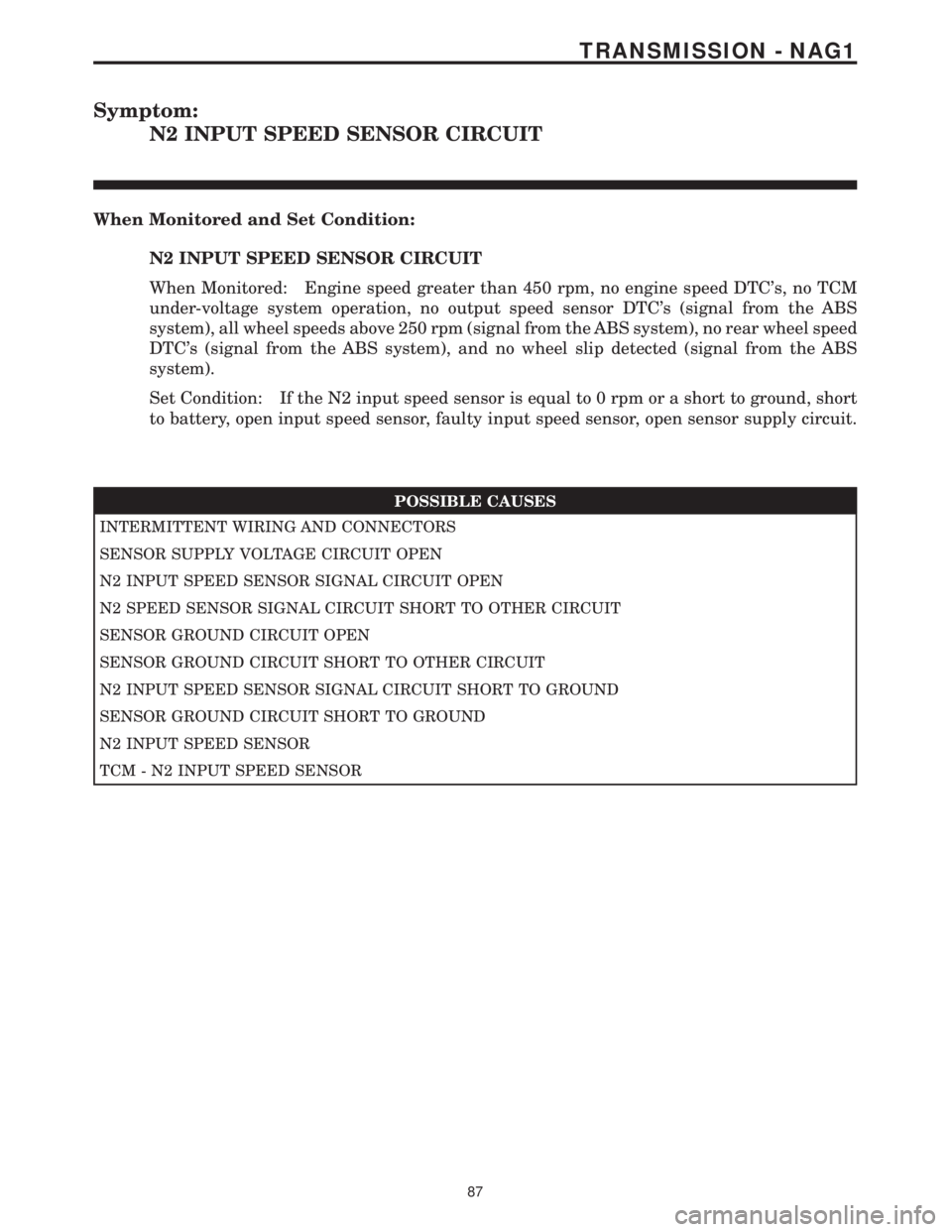 MERCEDES-BENZ SPRINTER 2006 Service Manual Symptom:
N2 INPUT SPEED SENSOR CIRCUIT
When Monitored and Set Condition:
N2 INPUT SPEED SENSOR CIRCUIT
When Monitored: Engine speed greater than 450 rpm, no engine speed DTCs, no TCM
under-voltage sy MERCEDES-BENZ SPRINTER 2006 Service Manual Symptom:
N2 INPUT SPEED SENSOR CIRCUIT
When Monitored and Set Condition:
N2 INPUT SPEED SENSOR CIRCUIT
When Monitored: Engine speed greater than 450 rpm, no engine speed DTCs, no TCM
under-voltage sy