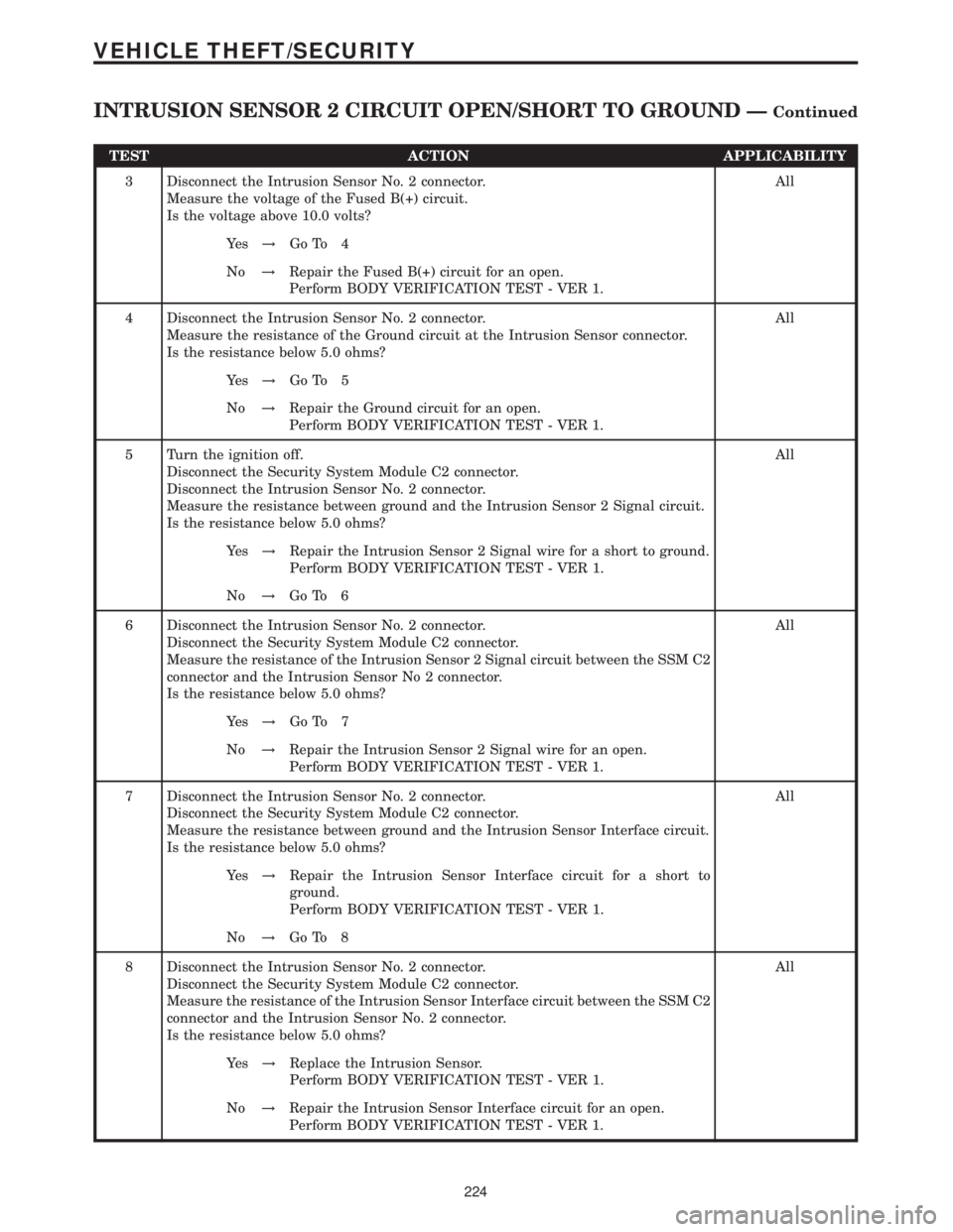 MERCEDES-BENZ SPRINTER 2006  Service Manual TEST ACTION APPLICABILITY
3 Disconnect the Intrusion Sensor No. 2 connector.
Measure the voltage of the Fused B(+) circuit.
Is the voltage above 10.0 volts?All
Ye s!Go To 4
No!Repair the Fused B(+) ci