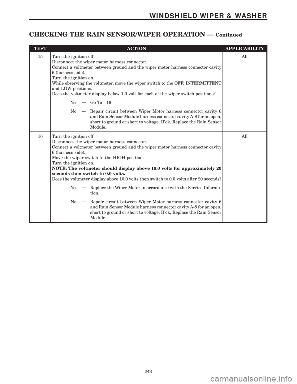MERCEDES-BENZ SPRINTER 2006  Service Manual TEST ACTION APPLICABILITY
15 Turn the ignition off.
Disconnect the wiper motor harness connector.
Connect a voltmeter between ground and the wiper motor harness connector cavity
6 (harness side).
Turn