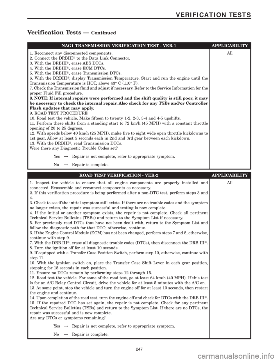 MERCEDES-BENZ SPRINTER 2006  Service Manual NAG1 TRANSMISSION VERIFICATION TEST - VER 1 APPLICABILITY
1. Reconnect any disconnected components.
2. Connect the DRBIIItto the Data Link Connector.
3. With the DRBIIIt, erase ABS DTCs.
4. With the D