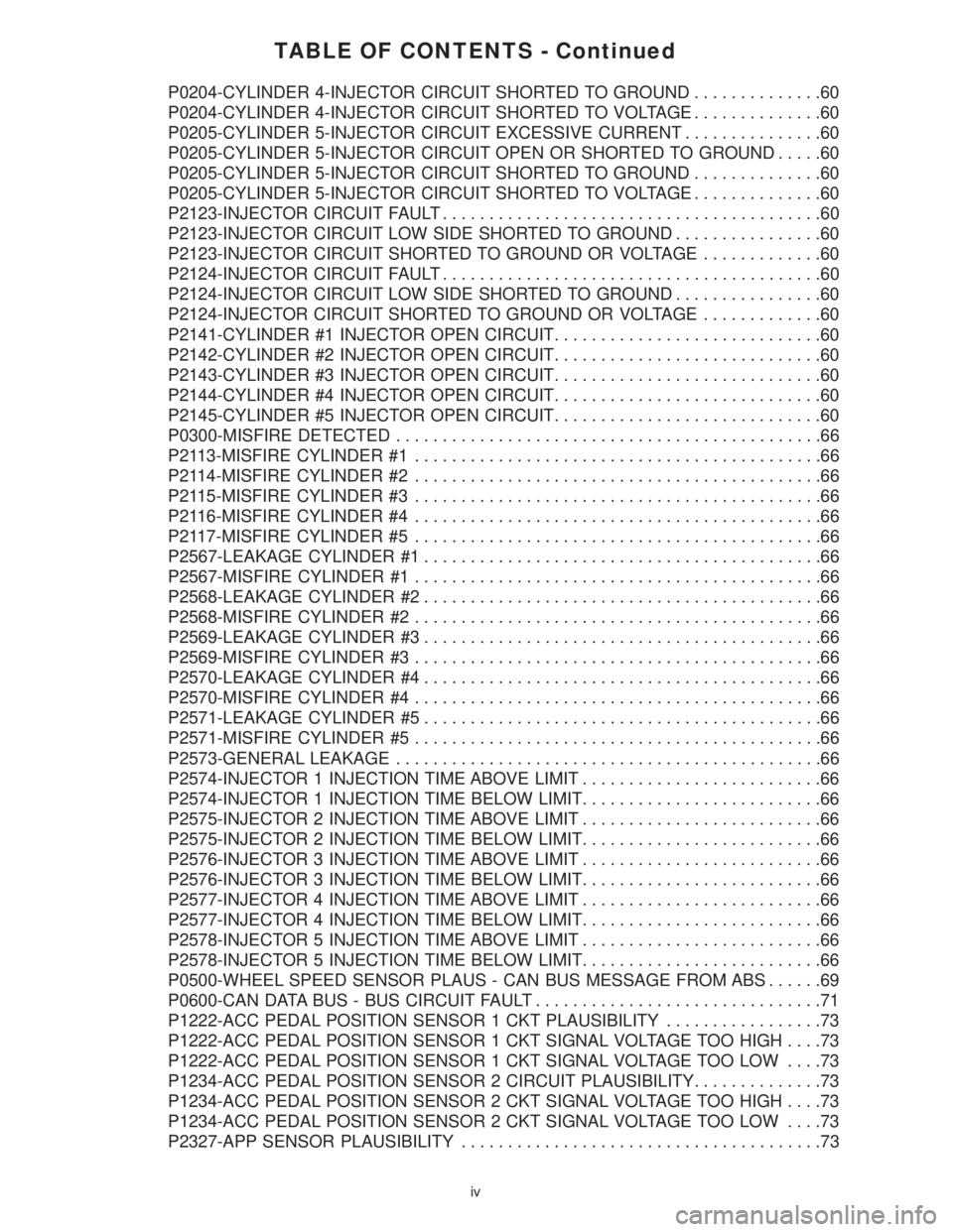 MERCEDES-BENZ SPRINTER 2006  Service Manual TABLE OF CONTENTS - Continued
P0204-CYLINDER 4-INJECTOR CIRCUIT SHORTED TO GROUND..............60
P0204-CYLINDER 4-INJECTOR CIRCUIT SHORTED TO VOLTAGE..............60
P0205-CYLINDER 5-INJECTOR CIRCUIT