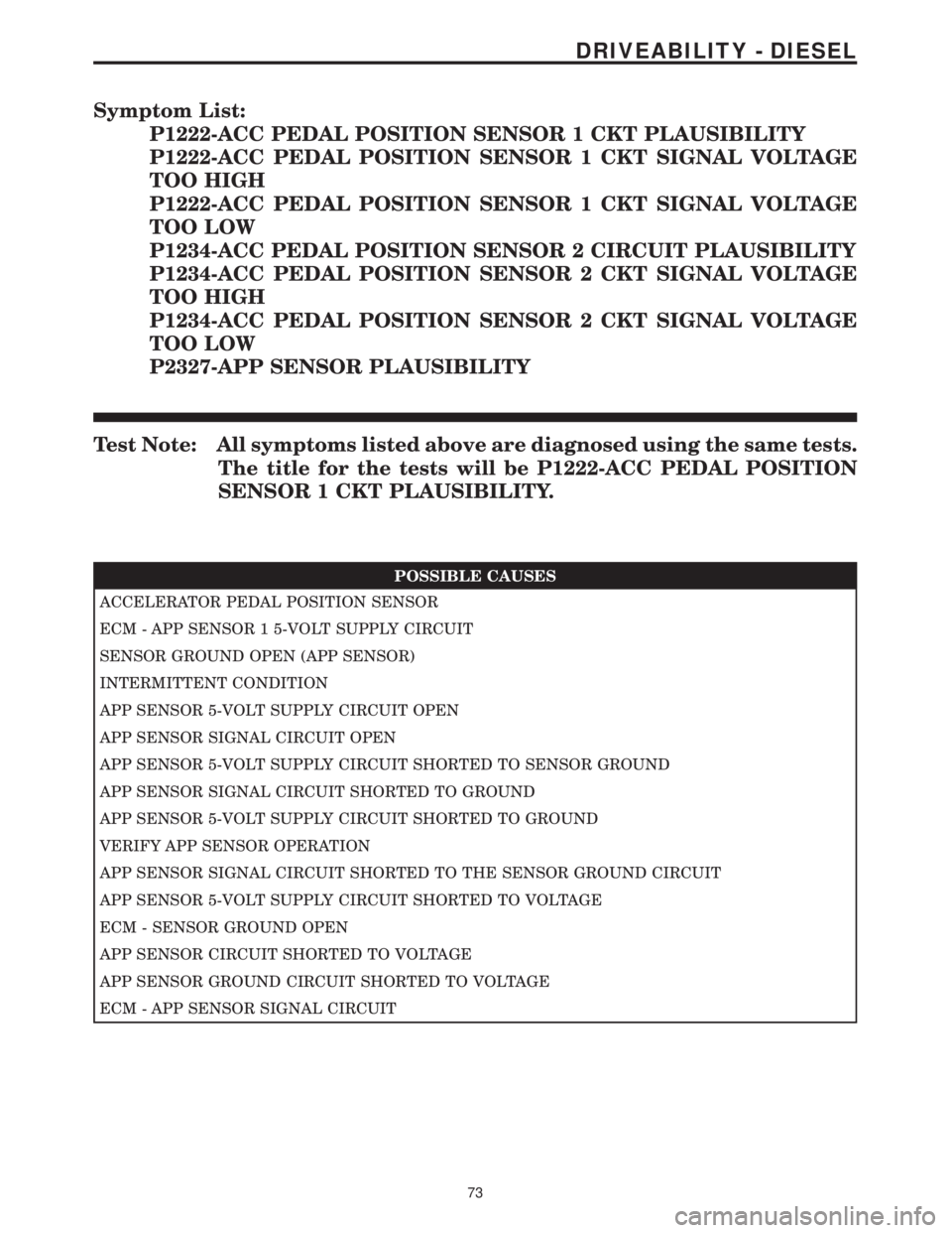 MERCEDES-BENZ SPRINTER 2006 Service Manual Symptom List:
P1222-ACC PEDAL POSITION SENSOR 1 CKT PLAUSIBILITY
P1222-ACC PEDAL POSITION SENSOR 1 CKT SIGNAL VOLTAGE
TOO HIGH
P1222-ACC PEDAL POSITION SENSOR 1 CKT SIGNAL VOLTAGE
TOO LOW
P1234-ACC PE MERCEDES-BENZ SPRINTER 2006 Service Manual Symptom List:
P1222-ACC PEDAL POSITION SENSOR 1 CKT PLAUSIBILITY
P1222-ACC PEDAL POSITION SENSOR 1 CKT SIGNAL VOLTAGE
TOO HIGH
P1222-ACC PEDAL POSITION SENSOR 1 CKT SIGNAL VOLTAGE
TOO LOW
P1234-ACC PE