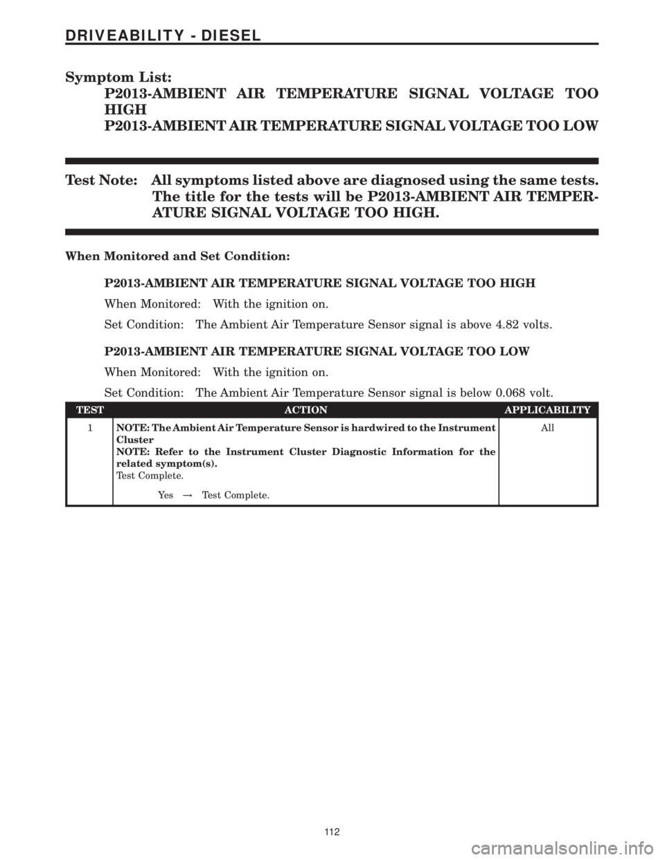 MERCEDES-BENZ SPRINTER 2006  Service Manual Symptom List:
P2013-AMBIENT AIR TEMPERATURE SIGNAL VOLTAGE TOO
HIGH
P2013-AMBIENT AIR TEMPERATURE SIGNAL VOLTAGE TOO LOW
Test Note: All symptoms listed above are diagnosed using the same tests.
The ti