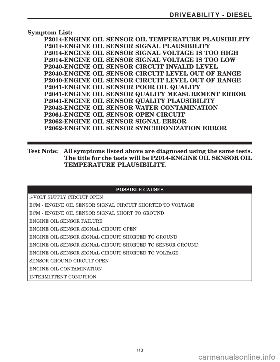 MERCEDES-BENZ SPRINTER 2006  Service Manual Symptom List:
P2014-ENGINE OIL SENSOR OIL TEMPERATURE PLAUSIBILITY
P2014-ENGINE OIL SENSOR SIGNAL PLAUSIBILITY
P2014-ENGINE OIL SENSOR SIGNAL VOLTAGE IS TOO HIGH
P2014-ENGINE OIL SENSOR SIGNAL VOLTAGE