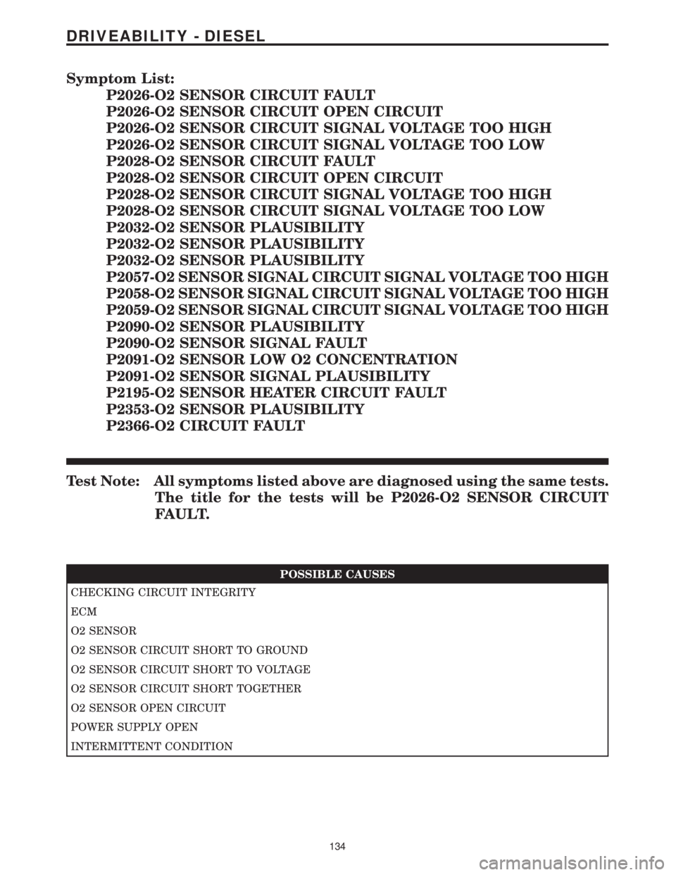 MERCEDES-BENZ SPRINTER 2006  Service Manual Symptom List:
P2026-O2 SENSOR CIRCUIT FAULT
P2026-O2 SENSOR CIRCUIT OPEN CIRCUIT
P2026-O2 SENSOR CIRCUIT SIGNAL VOLTAGE TOO HIGH
P2026-O2 SENSOR CIRCUIT SIGNAL VOLTAGE TOO LOW
P2028-O2 SENSOR CIRCUIT 