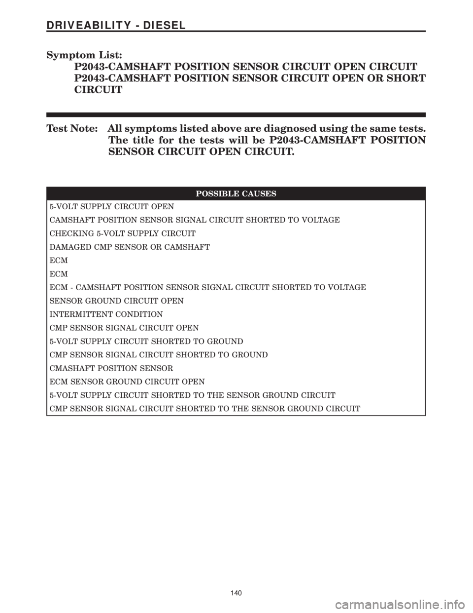 MERCEDES-BENZ SPRINTER 2006  Service Manual Symptom List:
P2043-CAMSHAFT POSITION SENSOR CIRCUIT OPEN CIRCUIT
P2043-CAMSHAFT POSITION SENSOR CIRCUIT OPEN OR SHORT
CIRCUIT
Test Note: All symptoms listed above are diagnosed using the same tests.
