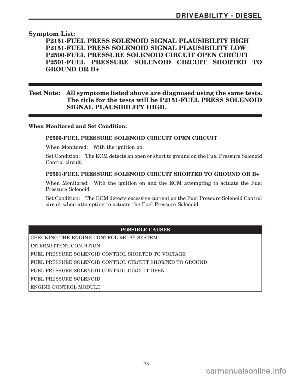 MERCEDES-BENZ SPRINTER 2006  Service Manual Symptom List:
P2151-FUEL PRESS SOLENOID SIGNAL PLAUSIBILITY HIGH
P2151-FUEL PRESS SOLENOID SIGNAL PLAUSIBILITY LOW
P2500-FUEL PRESSURE SOLENOID CIRCUIT OPEN CIRCUIT
P2501-FUEL PRESSURE SOLENOID CIRCUI