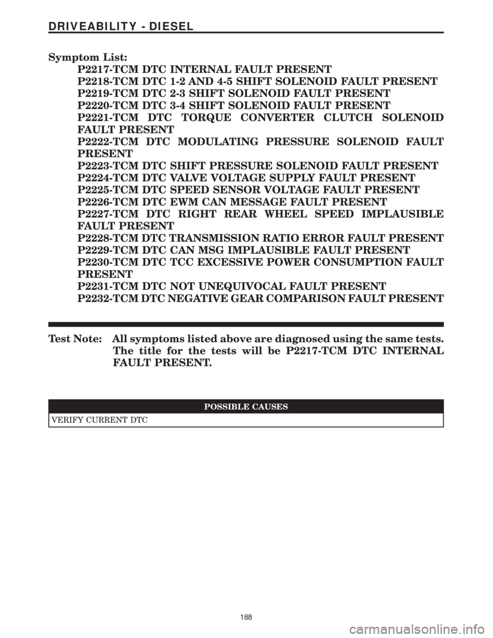 MERCEDES-BENZ SPRINTER 2006 Service Manual Symptom List:
P2217-TCM DTC INTERNAL FAULT PRESENT
P2218-TCM DTC 1-2 AND 4-5 SHIFT SOLENOID FAULT PRESENT
P2219-TCM DTC 2-3 SHIFT SOLENOID FAULT PRESENT
P2220-TCM DTC 3-4 SHIFT SOLENOID FAULT PRESENT
MERCEDES-BENZ SPRINTER 2006 Service Manual Symptom List:
P2217-TCM DTC INTERNAL FAULT PRESENT
P2218-TCM DTC 1-2 AND 4-5 SHIFT SOLENOID FAULT PRESENT
P2219-TCM DTC 2-3 SHIFT SOLENOID FAULT PRESENT
P2220-TCM DTC 3-4 SHIFT SOLENOID FAULT PRESENT