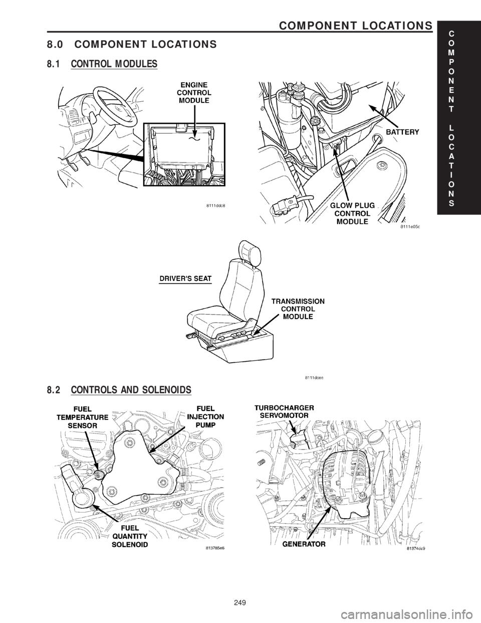 MERCEDES-BENZ SPRINTER 2006 Service Manual 8.0 COMPONENT LOCATIONS
8.1 CONTROL MODULES
8.2 CONTROLS AND SOLENOIDS
C
O
M
P
O
N
E
N
T
L
O
C
A
T
I
O
N
S
249
COMPONENT LOCATIONS MERCEDES-BENZ SPRINTER 2006 Service Manual 8.0 COMPONENT LOCATIONS
8.1 CONTROL MODULES
8.2 CONTROLS AND SOLENOIDS
C
O
M
P
O
N
E
N
T
L
O
C
A
T
I
O
N
S
249
COMPONENT LOCATIONS