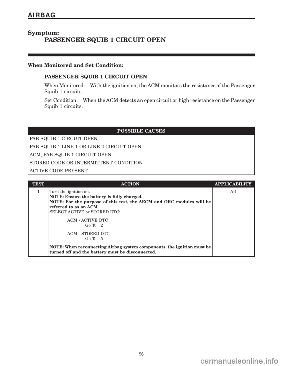 MERCEDES-BENZ SPRINTER 2006 Repair Manual Symptom:
PASSENGER SQUIB 1 CIRCUIT OPEN
When Monitored and Set Condition:
PASSENGER SQUIB 1 CIRCUIT OPEN
When Monitored: With the ignition on, the ACM monitors the resistance of the Passenger
Squib 1 