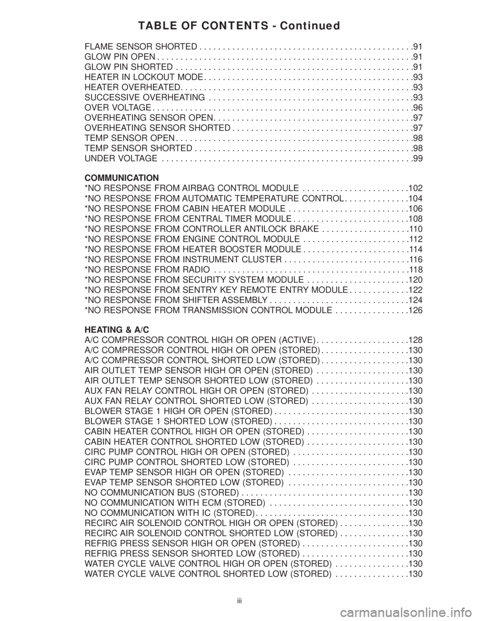 MERCEDES-BENZ SPRINTER 2006  Service Manual TABLE OF CONTENTS - Continued
FLAME SENSOR SHORTED..............................................91
GLOW PIN OPEN.......................................................91
GLOW PIN SHORTED..............