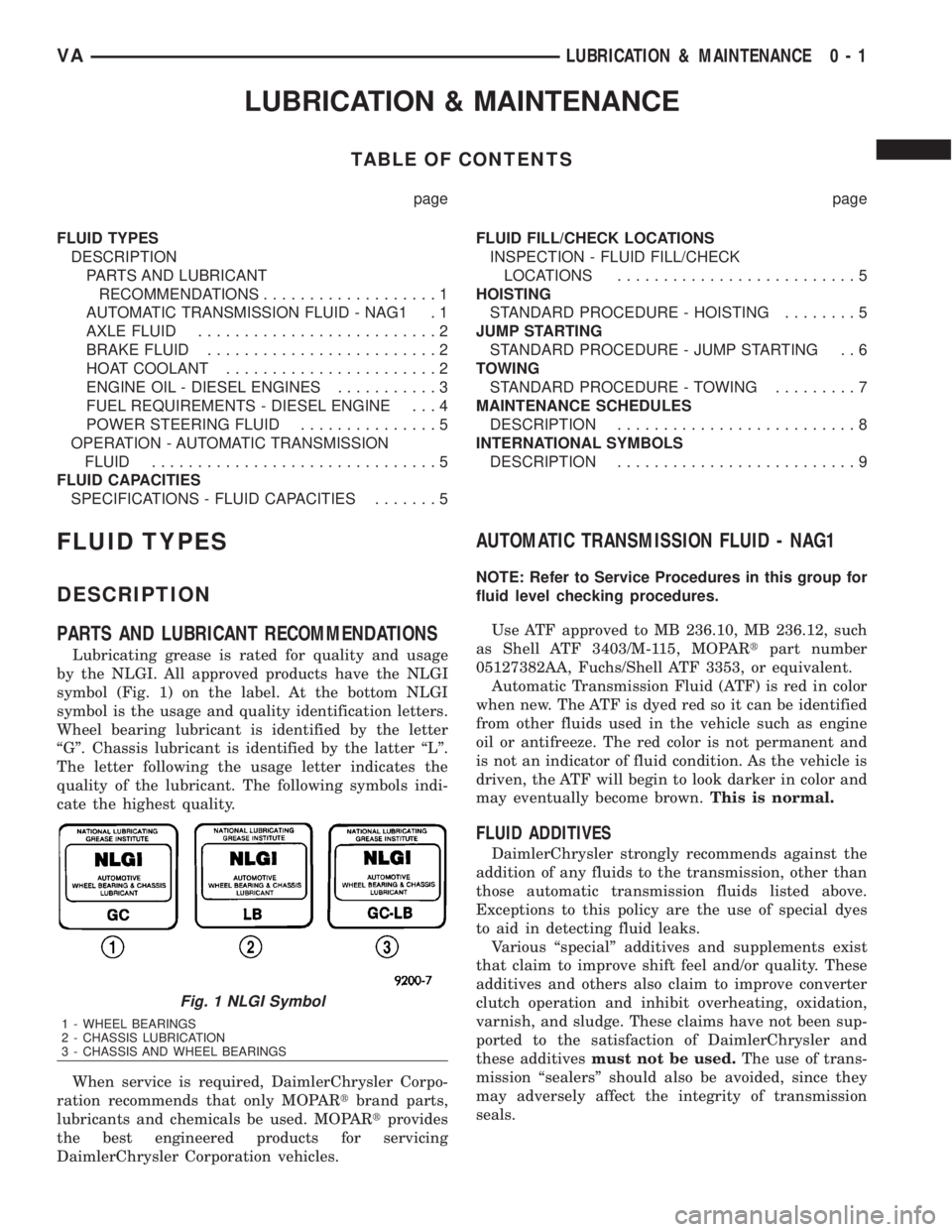 MERCEDES-BENZ SPRINTER 2006 Service Manual LUBRICATION & MAINTENANCE
TABLE OF CONTENTS
page page
FLUID TYPES
DESCRIPTION
PARTS AND LUBRICANT
RECOMMENDATIONS...................1
AUTOMATIC TRANSMISSION FLUID - NAG1 . 1
AXLE FLUID................ MERCEDES-BENZ SPRINTER 2006 Service Manual LUBRICATION & MAINTENANCE
TABLE OF CONTENTS
page page
FLUID TYPES
DESCRIPTION
PARTS AND LUBRICANT
RECOMMENDATIONS...................1
AUTOMATIC TRANSMISSION FLUID - NAG1 . 1
AXLE FLUID................