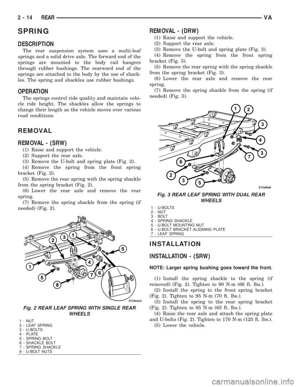 MERCEDES-BENZ SPRINTER 2006  Service Manual SPRING
DESCRIPTION
The rear suspension system uses a multi-leaf
springs and a solid drive axle. The forward end of the
springs are mounted to the body rail hangers
through rubber bushings. The rearwar