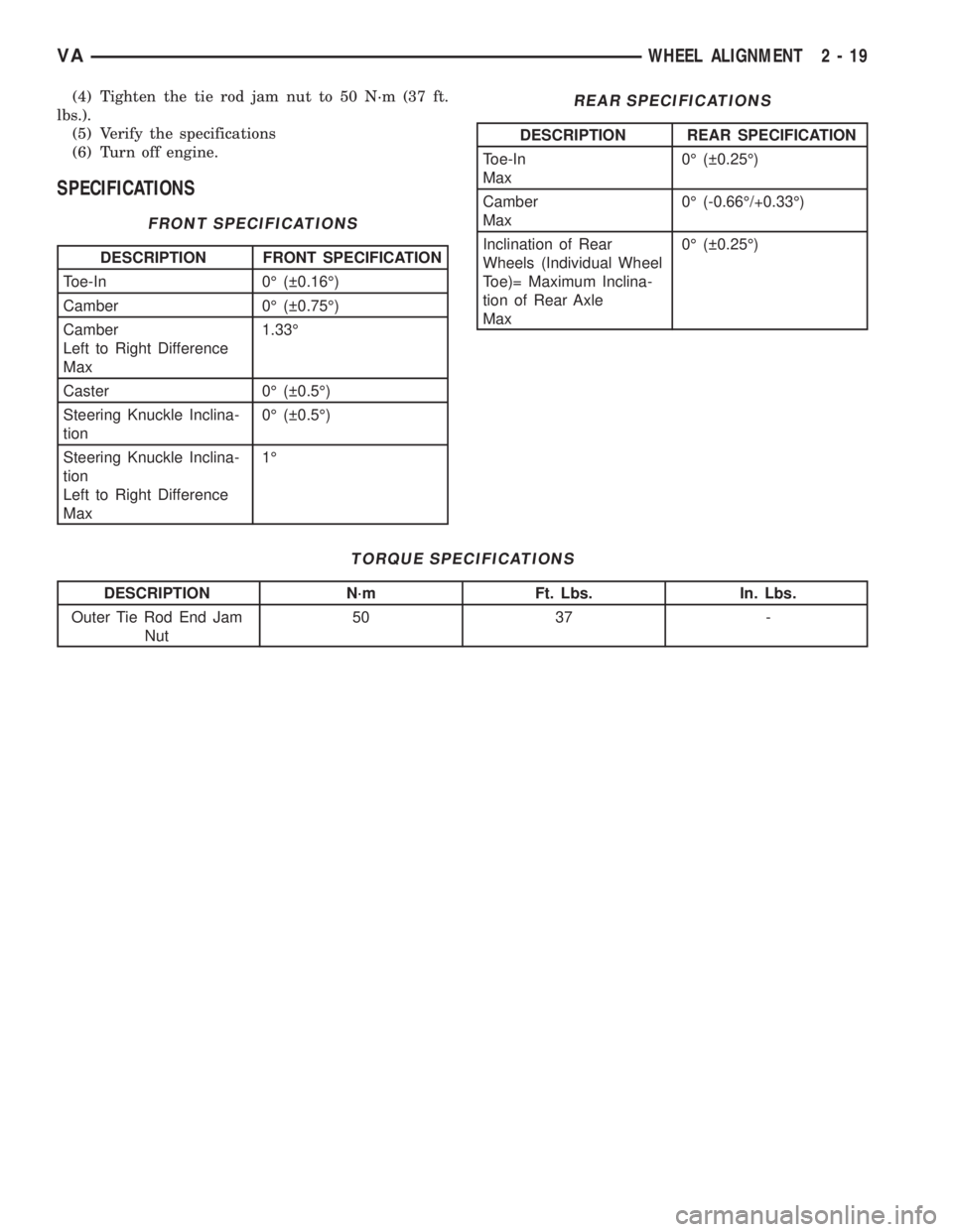 MERCEDES-BENZ SPRINTER 2006  Service Manual (4) Tighten the tie rod jam nut to 50 N´m (37 ft.
lbs.).
(5) Verify the specifications
(6) Turn off engine.
SPECIFICATIONS
FRONT SPECIFICATIONS
DESCRIPTION FRONT SPECIFICATION
Toe-In 0É ( 0.16É)
C