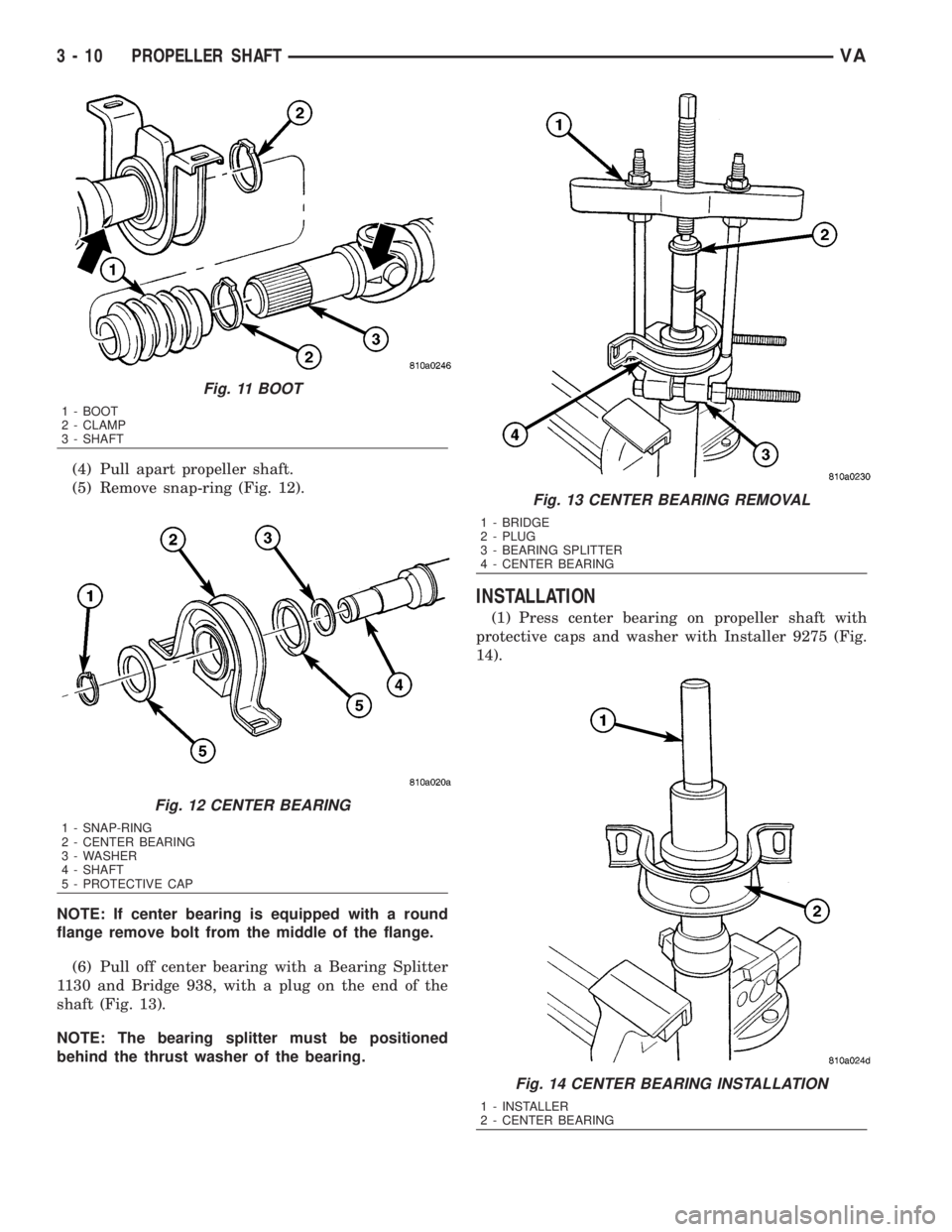 MERCEDES-BENZ SPRINTER 2006  Service Manual (4) Pull apart propeller shaft.
(5) Remove snap-ring (Fig. 12).
NOTE: If center bearing is equipped with a round
flange remove bolt from the middle of the flange.
(6) Pull off center bearing with a Be