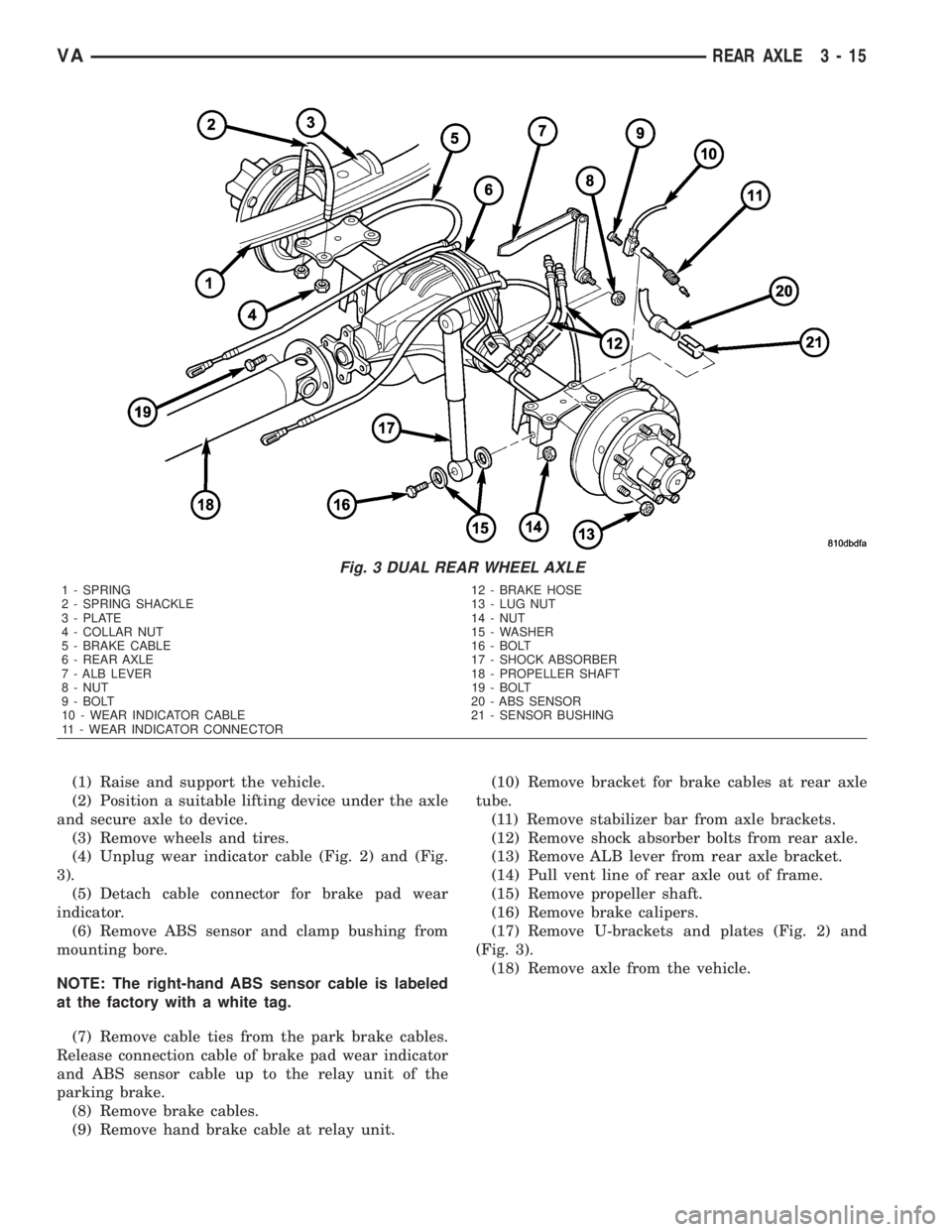 MERCEDES-BENZ SPRINTER 2006  Service Manual (1) Raise and support the vehicle.
(2) Position a suitable lifting device under the axle
and secure axle to device.
(3) Remove wheels and tires.
(4) Unplug wear indicator cable (Fig. 2) and (Fig.
3).
