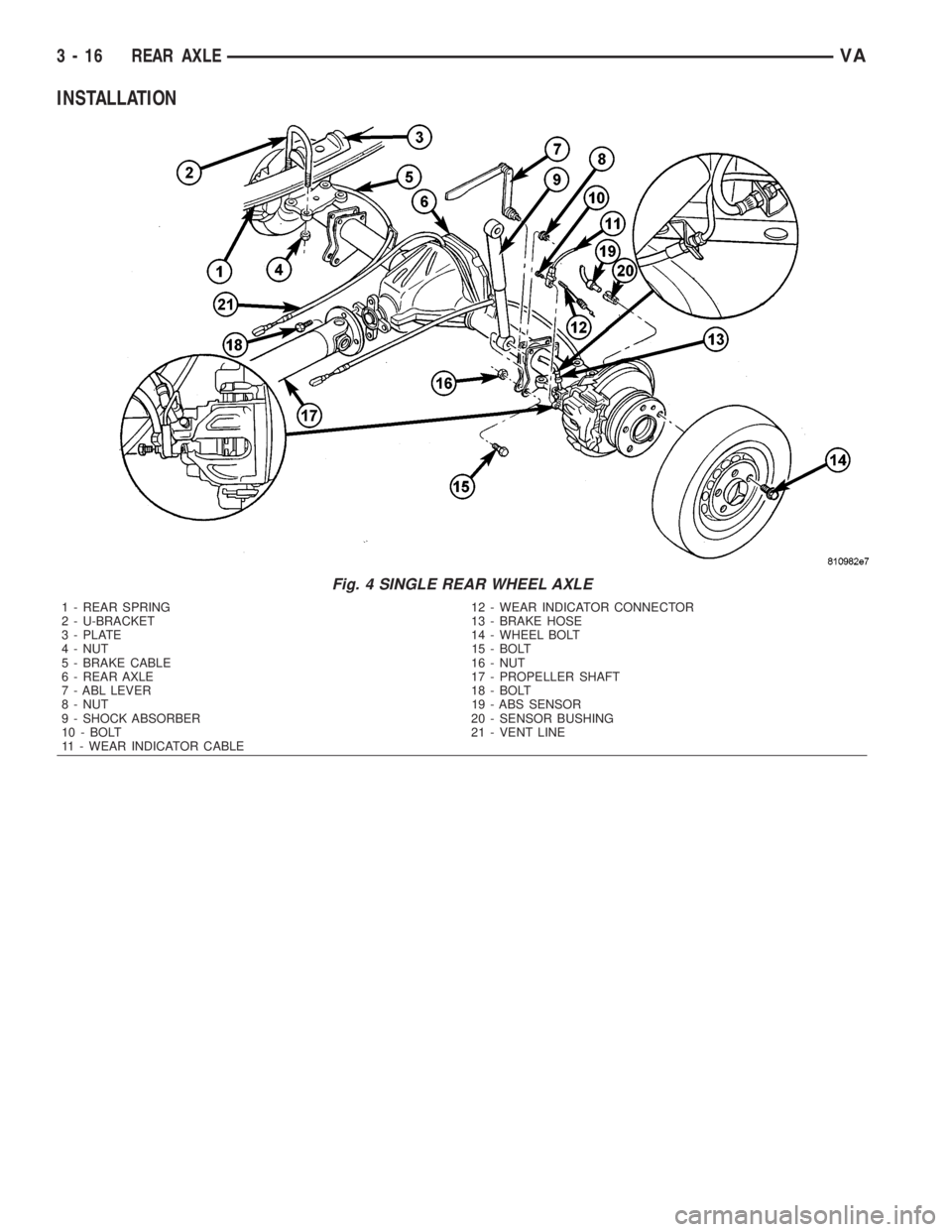 MERCEDES-BENZ SPRINTER 2006  Service Manual INSTALLATION
Fig. 4 SINGLE REAR WHEEL AXLE
1 - REAR SPRING 12 - WEAR INDICATOR CONNECTOR
2 - U-BRACKET 13 - BRAKE HOSE
3 - PLATE 14 - WHEEL BOLT
4 - NUT 15 - BOLT
5 - BRAKE CABLE 16 - NUT
6 - REAR AXL