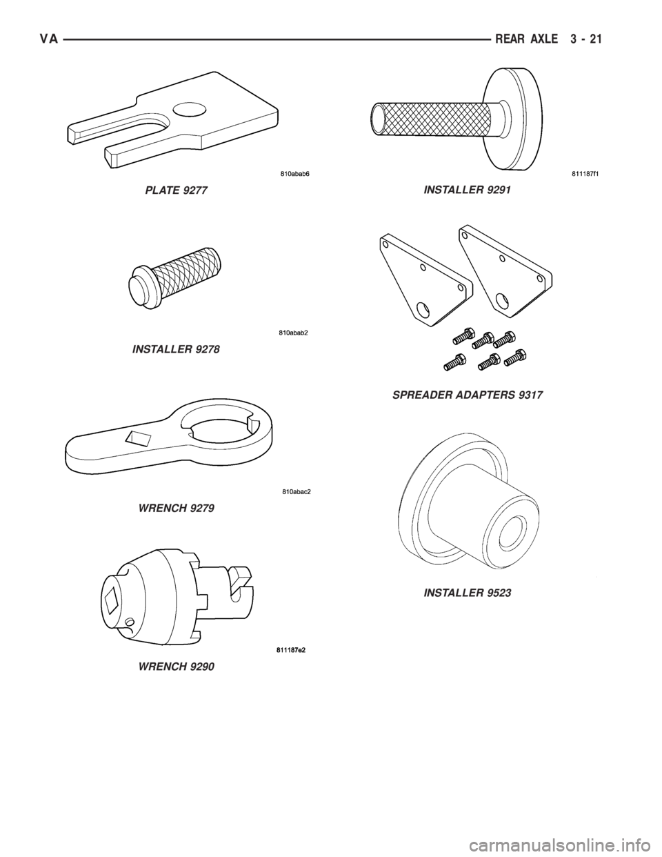 MERCEDES-BENZ SPRINTER 2006  Service Manual PLATE 9277
INSTALLER 9278
WRENCH 9279
WRENCH 9290
INSTALLER 9291
SPREADER ADAPTERS 9317
INSTALLER 9523
VAREAR AXLE 3 - 21 