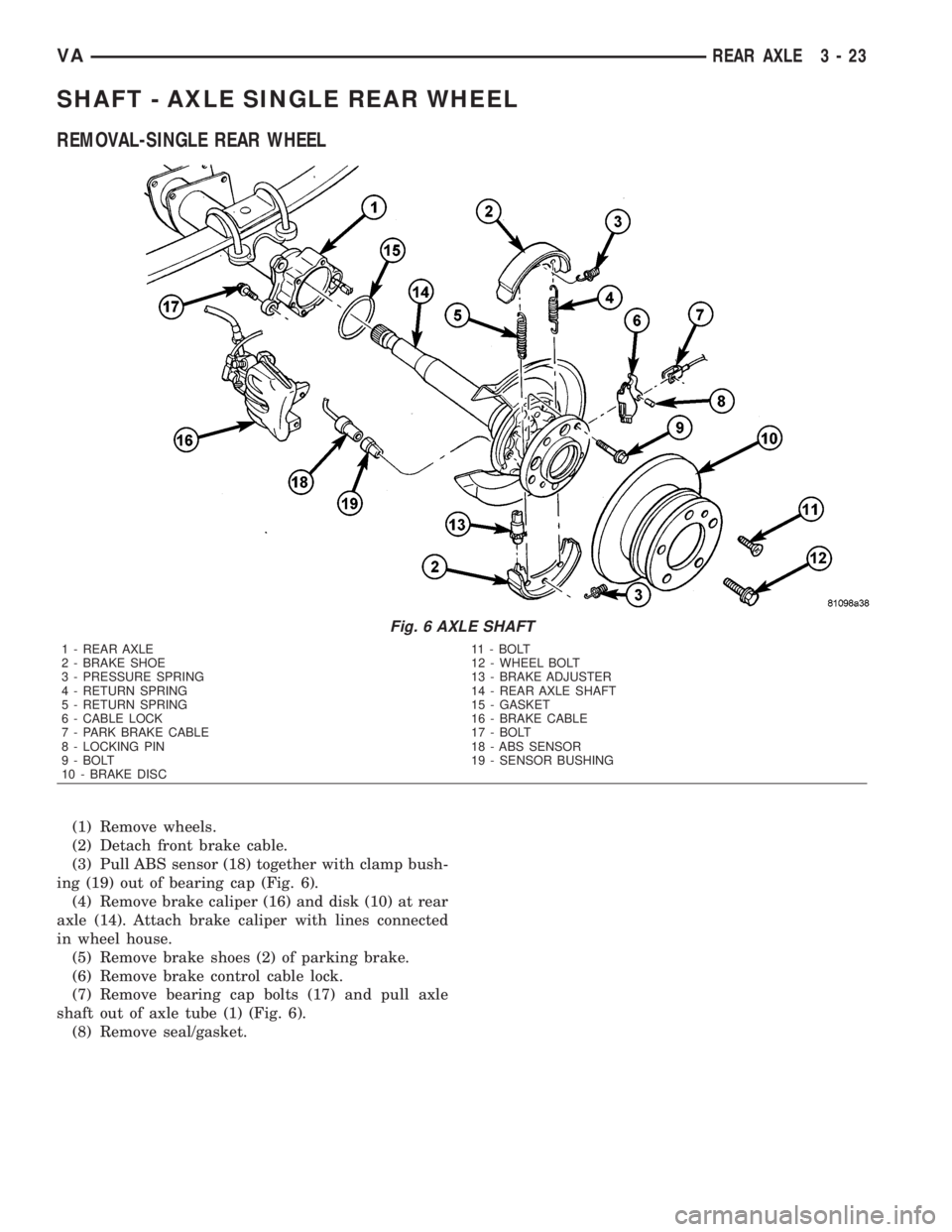 MERCEDES-BENZ SPRINTER 2006  Service Manual SHAFT - AXLE SINGLE REAR WHEEL
REMOVAL-SINGLE REAR WHEEL
(1) Remove wheels.
(2) Detach front brake cable.
(3) Pull ABS sensor (18) together with clamp bush-
ing (19) out of bearing cap (Fig. 6).
(4) R