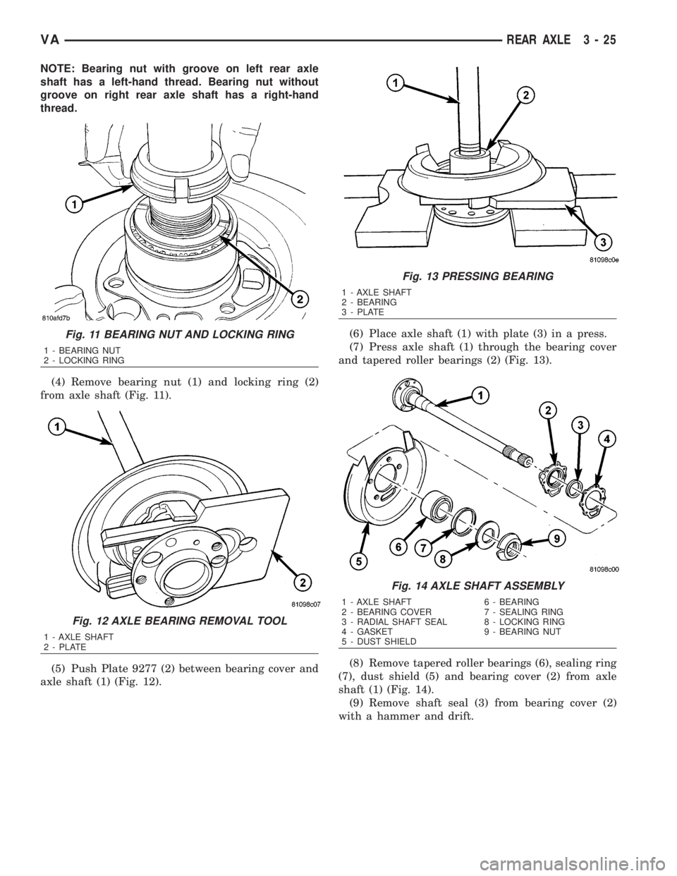 MERCEDES-BENZ SPRINTER 2006  Service Manual NOTE: Bearing nut with groove on left rear axle
shaft has a left-hand thread. Bearing nut without
groove on right rear axle shaft has a right-hand
thread.
(4) Remove bearing nut (1) and locking ring (