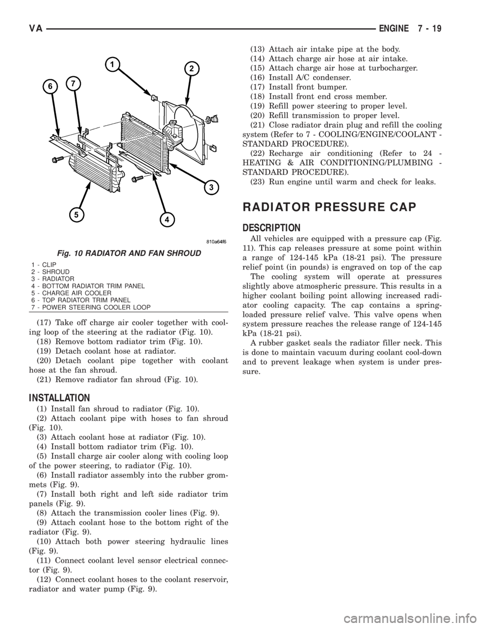 MERCEDES-BENZ SPRINTER 2006 Service Manual (17) Take off charge air cooler together with cool-
ing loop of the steering at the radiator (Fig. 10).
(18) Remove bottom radiator trim (Fig. 10).
(19) Detach coolant hose at radiator.
(20) Detach co MERCEDES-BENZ SPRINTER 2006 Service Manual (17) Take off charge air cooler together with cool-
ing loop of the steering at the radiator (Fig. 10).
(18) Remove bottom radiator trim (Fig. 10).
(19) Detach coolant hose at radiator.
(20) Detach co