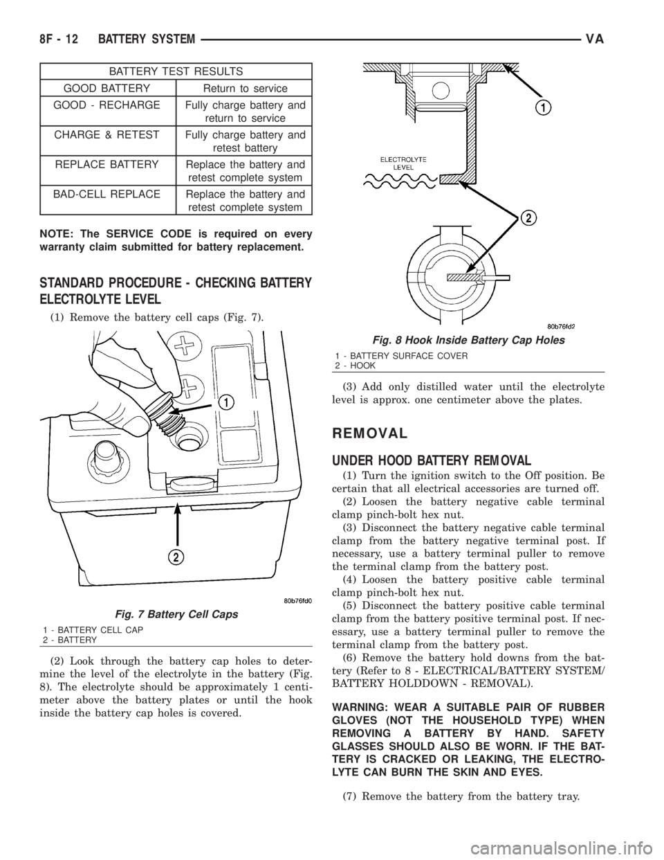 MERCEDES-BENZ SPRINTER 2006  Service Manual BATTERY TEST RESULTS
GOOD BATTERY Return to service
GOOD - RECHARGE Fully charge battery and
return to service
CHARGE & RETEST Fully charge battery and
retest battery
REPLACE BATTERY Replace the batte