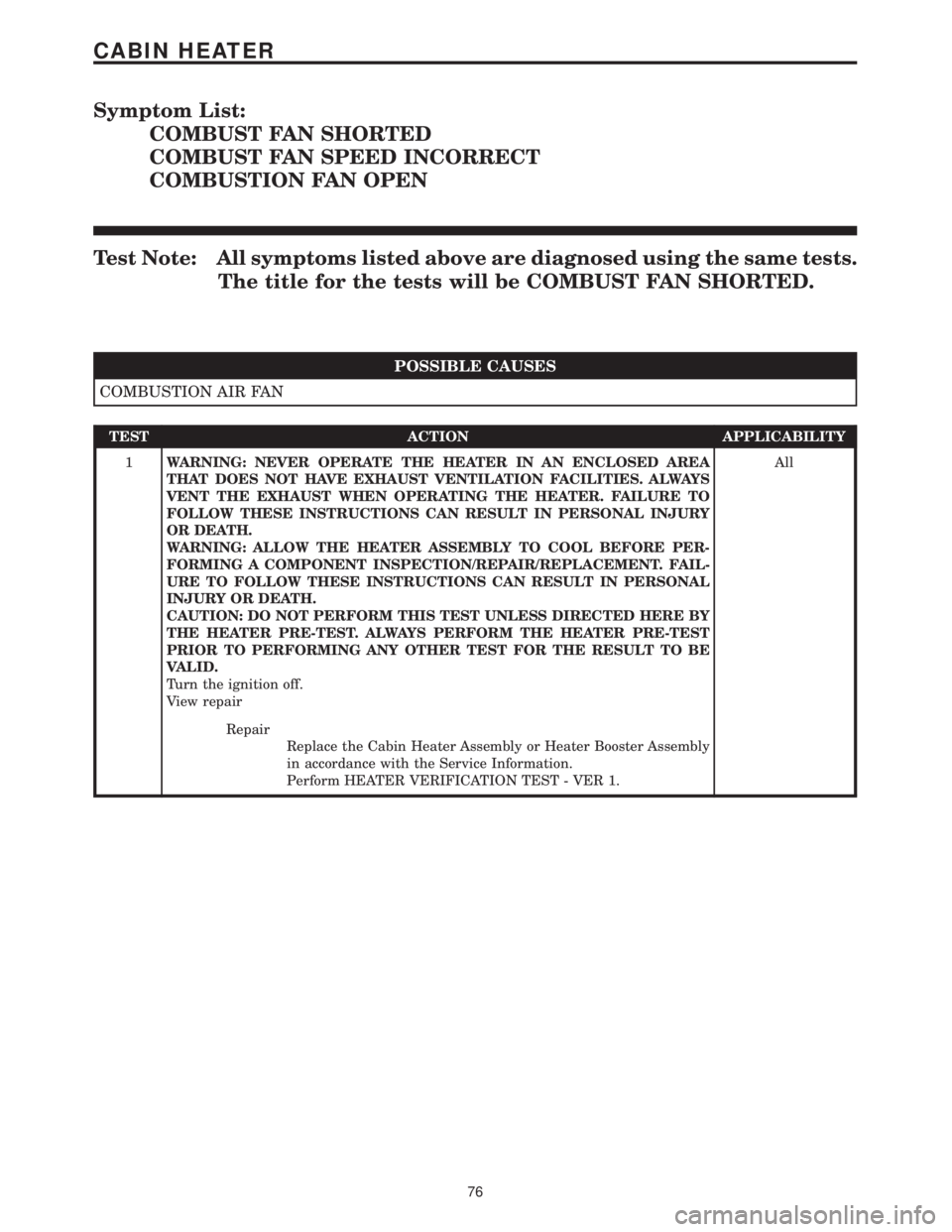 MERCEDES-BENZ SPRINTER 2006 Manual Online Symptom List:
COMBUST FAN SHORTED
COMBUST FAN SPEED INCORRECT
COMBUSTION FAN OPEN
Test Note: All symptoms listed above are diagnosed using the same tests.
The title for the tests will be COMBUST FAN S