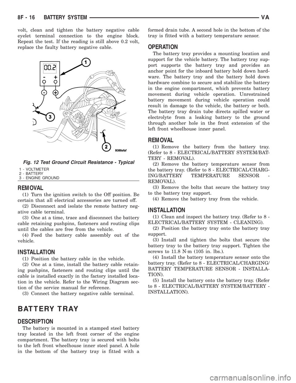 MERCEDES-BENZ SPRINTER 2006  Service Manual volt, clean and tighten the battery negative cable
eyelet terminal connection to the engine block.
Repeat the test. If the reading is still above 0.2 volt,
replace the faulty battery negative cable.
R