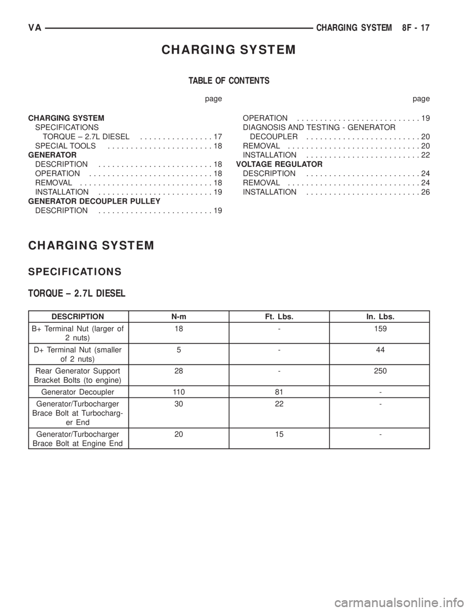 MERCEDES-BENZ SPRINTER 2006  Service Manual CHARGING SYSTEM
TABLE OF CONTENTS
page page
CHARGING SYSTEM
SPECIFICATIONS
TORQUE ± 2.7L DIESEL................17
SPECIAL TOOLS.......................18
GENERATOR
DESCRIPTION.........................