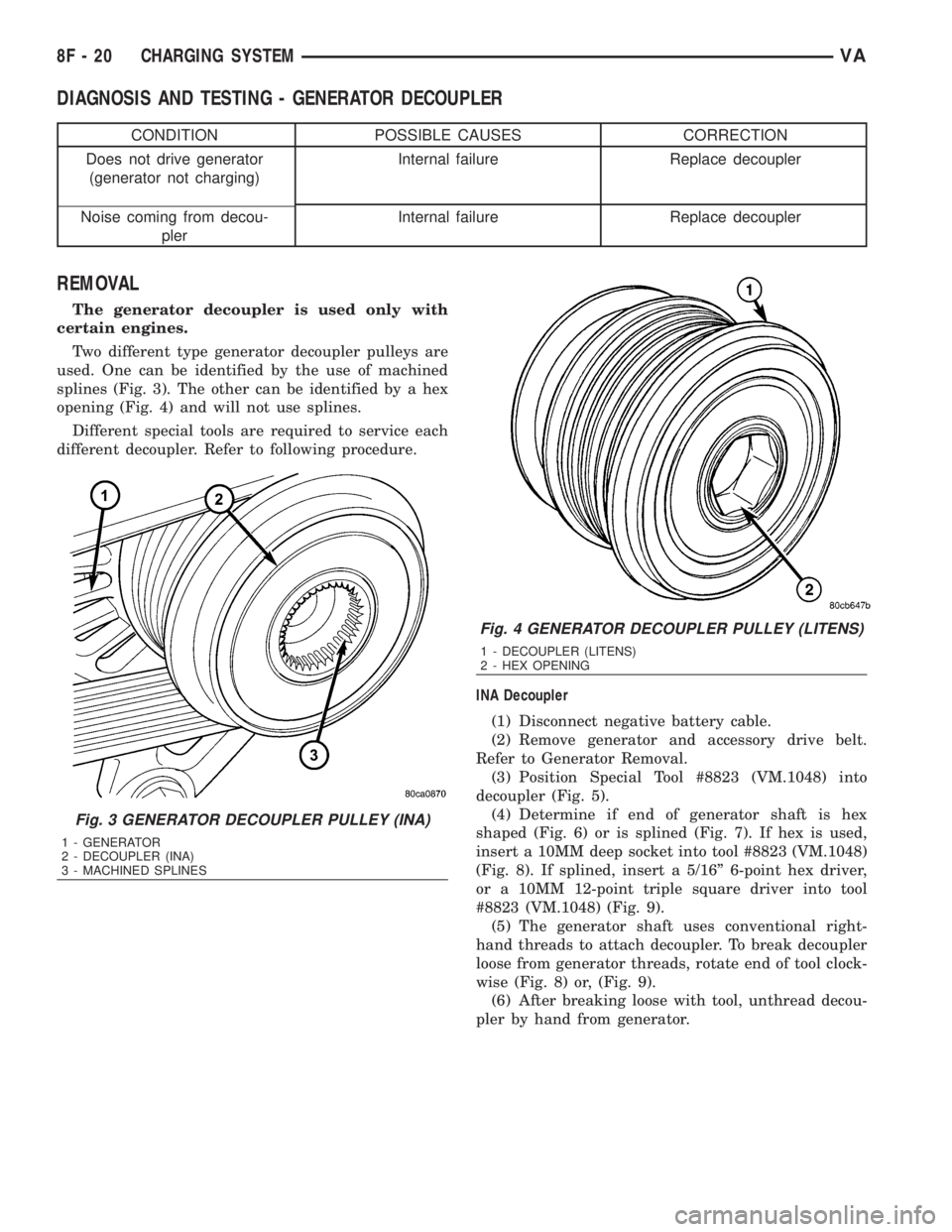 MERCEDES-BENZ SPRINTER 2006  Service Manual DIAGNOSIS AND TESTING - GENERATOR DECOUPLER
CONDITION POSSIBLE CAUSES CORRECTION
Does not drive generator
(generator not charging)Internal failure Replace decoupler
Noise coming from decou-
plerIntern
