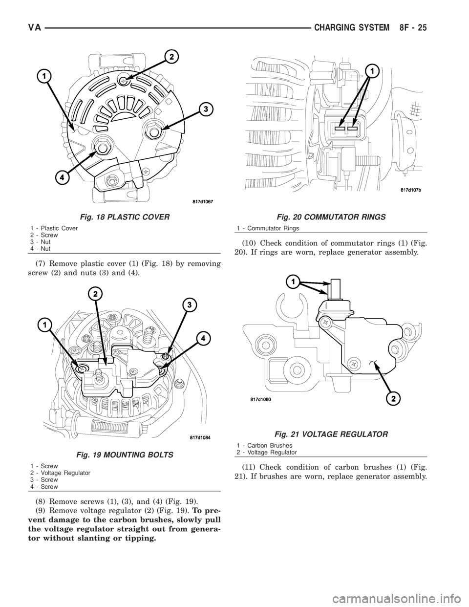 MERCEDES-BENZ SPRINTER 2006  Service Manual (7) Remove plastic cover (1) (Fig. 18) by removing
screw (2) and nuts (3) and (4).
(8) Remove screws (1), (3), and (4) (Fig. 19).
(9) Remove voltage regulator (2) (Fig. 19).To pre-
vent damage to the 