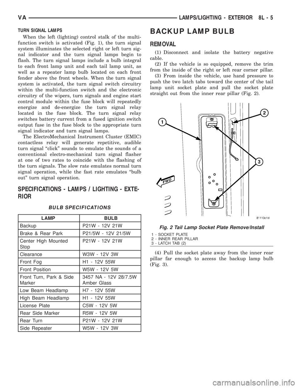 MERCEDES-BENZ SPRINTER 2006  Service Manual TURN SIGNAL LAMPS
When the left (lighting) control stalk of the multi-
function switch is activated (Fig. 1), the turn signal
system illuminates the selected right or left turn sig-
nal indicator and 