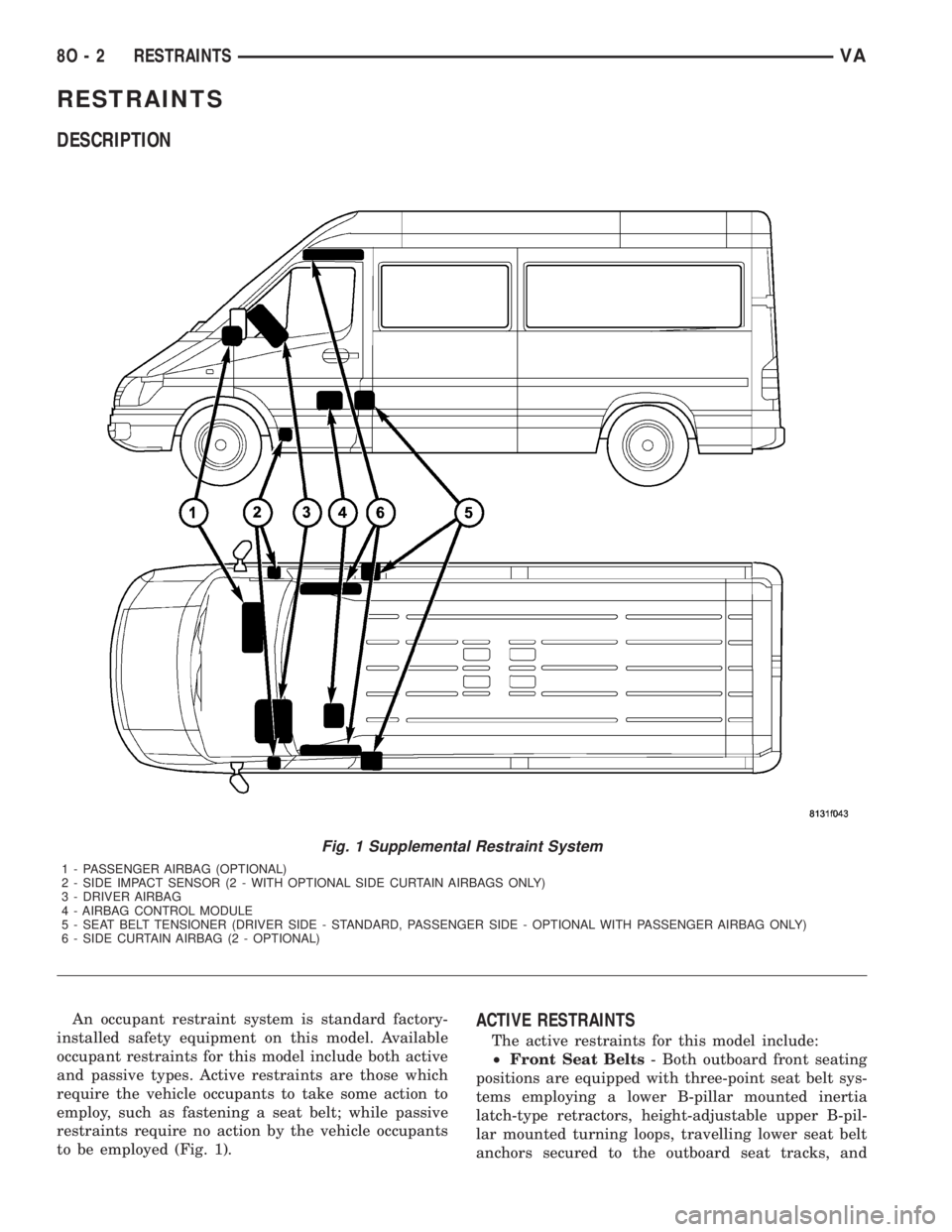 MERCEDES-BENZ SPRINTER 2006  Service Manual RESTRAINTS
DESCRIPTION
An occupant restraint system is standard factory-
installed safety equipment on this model. Available
occupant restraints for this model include both active
and passive types. A