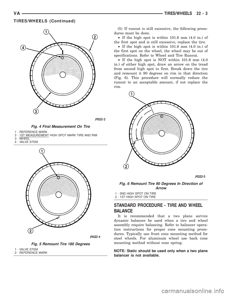 MERCEDES-BENZ SPRINTER 2005  Service Repair Manual (5) If runout is still excessive, the following proce-
dures must be done.
²If the high spot is within 101.6 mm (4.0 in.) of
the first spot and is still excessive, replace the tire.
²If the high spo