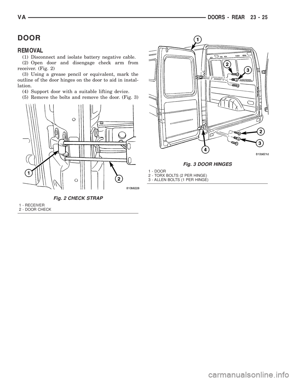MERCEDES-BENZ SPRINTER 2005 Service Repair Manual DOOR
REMOVAL
(1) Disconnect and isolate battery negative cable.
(2) Open door and disengage check arm from
receiver. (Fig. 2)
(3) Using a grease pencil or equivalent, mark the
outline of the door hing MERCEDES-BENZ SPRINTER 2005 Service Repair Manual DOOR
REMOVAL
(1) Disconnect and isolate battery negative cable.
(2) Open door and disengage check arm from
receiver. (Fig. 2)
(3) Using a grease pencil or equivalent, mark the
outline of the door hing
