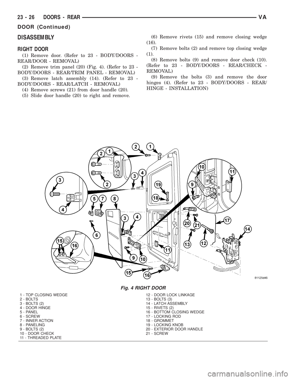 MERCEDES-BENZ SPRINTER 2005 Service Repair Manual DISASSEMBLY
RIGHT DOOR
(1) Remove door. (Refer to 23 - BODY/DOORS -
REAR/DOOR - REMOVAL)
(2) Remove trim panel (20) (Fig. 4). (Refer to 23 -
BODY/DOORS - REAR/TRIM PANEL - REMOVAL)
(3) Remove latch as MERCEDES-BENZ SPRINTER 2005 Service Repair Manual DISASSEMBLY
RIGHT DOOR
(1) Remove door. (Refer to 23 - BODY/DOORS -
REAR/DOOR - REMOVAL)
(2) Remove trim panel (20) (Fig. 4). (Refer to 23 -
BODY/DOORS - REAR/TRIM PANEL - REMOVAL)
(3) Remove latch as