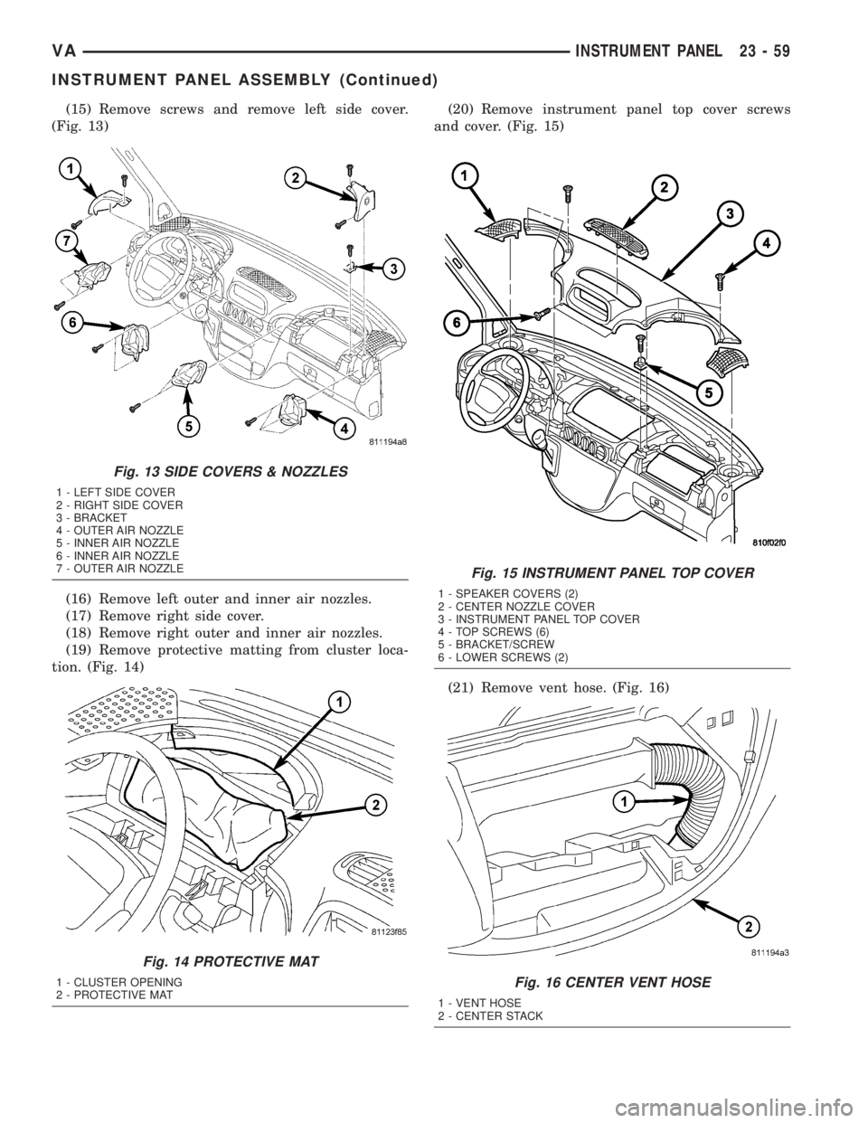 MERCEDES-BENZ SPRINTER 2005 Service Repair Manual (15) Remove screws and remove left side cover.
(Fig. 13)
(16) Remove left outer and inner air nozzles.
(17) Remove right side cover.
(18) Remove right outer and inner air nozzles.
(19) Remove protecti MERCEDES-BENZ SPRINTER 2005 Service Repair Manual (15) Remove screws and remove left side cover.
(Fig. 13)
(16) Remove left outer and inner air nozzles.
(17) Remove right side cover.
(18) Remove right outer and inner air nozzles.
(19) Remove protecti