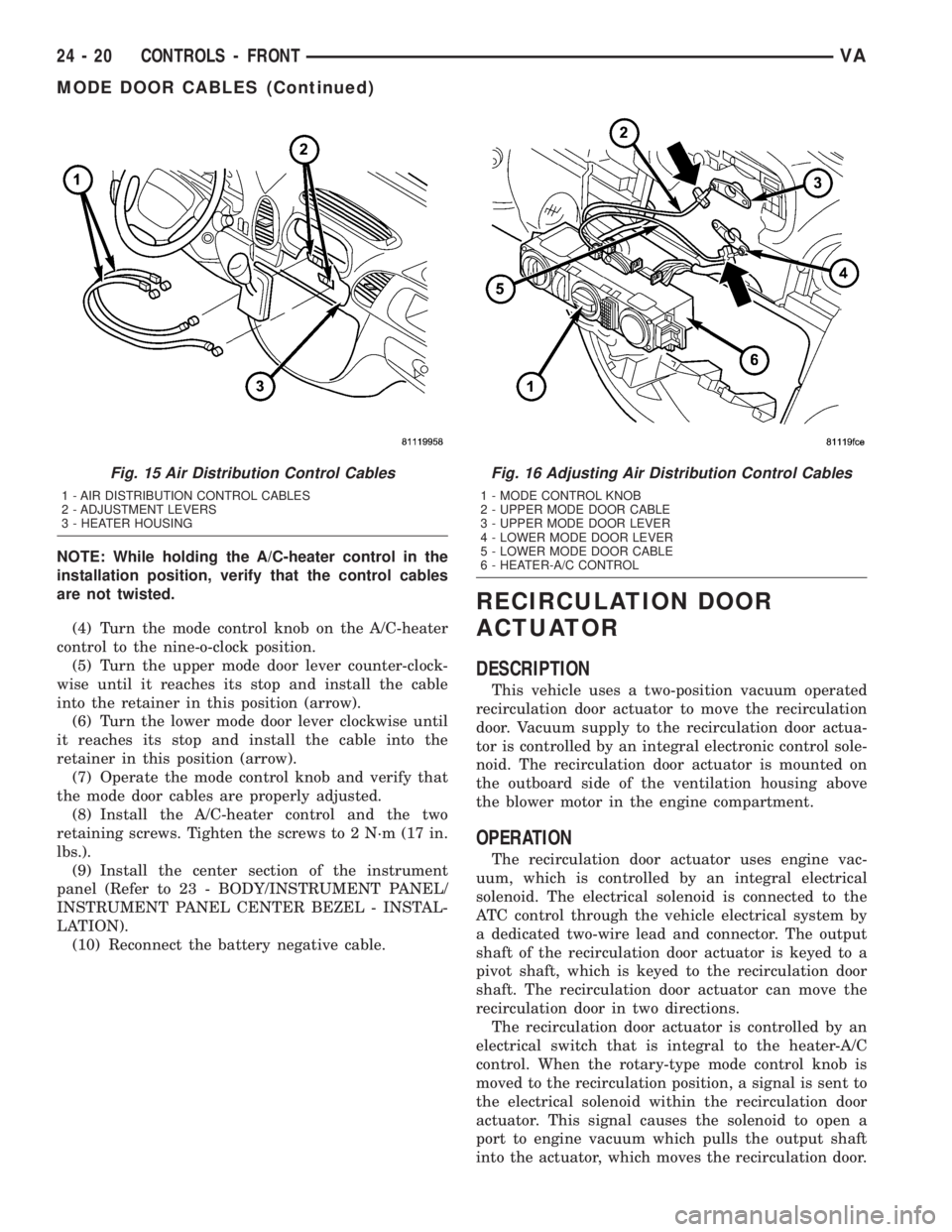 MERCEDES-BENZ SPRINTER 2005 Service Repair Manual NOTE: While holding the A/C-heater control in the
installation position, verify that the control cables
are not twisted.
(4) Turn the mode control knob on the A/C-heater
control to the nine-o-clock po MERCEDES-BENZ SPRINTER 2005 Service Repair Manual NOTE: While holding the A/C-heater control in the
installation position, verify that the control cables
are not twisted.
(4) Turn the mode control knob on the A/C-heater
control to the nine-o-clock po