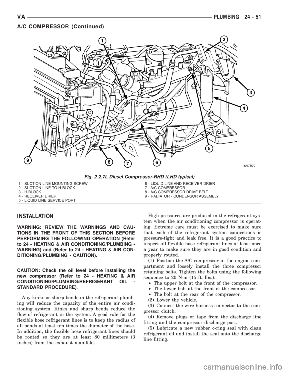 MERCEDES-BENZ SPRINTER 2005 Service Repair Manual INSTALLATION
WARNING: REVIEW THE WARNINGS AND CAU-
TIONS IN THE FRONT OF THIS SECTION BEFORE
PERFORMING THE FOLLOWING OPERATION (Refer
to 24 - HEATING & AIR CONDITIONING/PLUMBING -
WARNING) and (Refer MERCEDES-BENZ SPRINTER 2005 Service Repair Manual INSTALLATION
WARNING: REVIEW THE WARNINGS AND CAU-
TIONS IN THE FRONT OF THIS SECTION BEFORE
PERFORMING THE FOLLOWING OPERATION (Refer
to 24 - HEATING & AIR CONDITIONING/PLUMBING -
WARNING) and (Refer