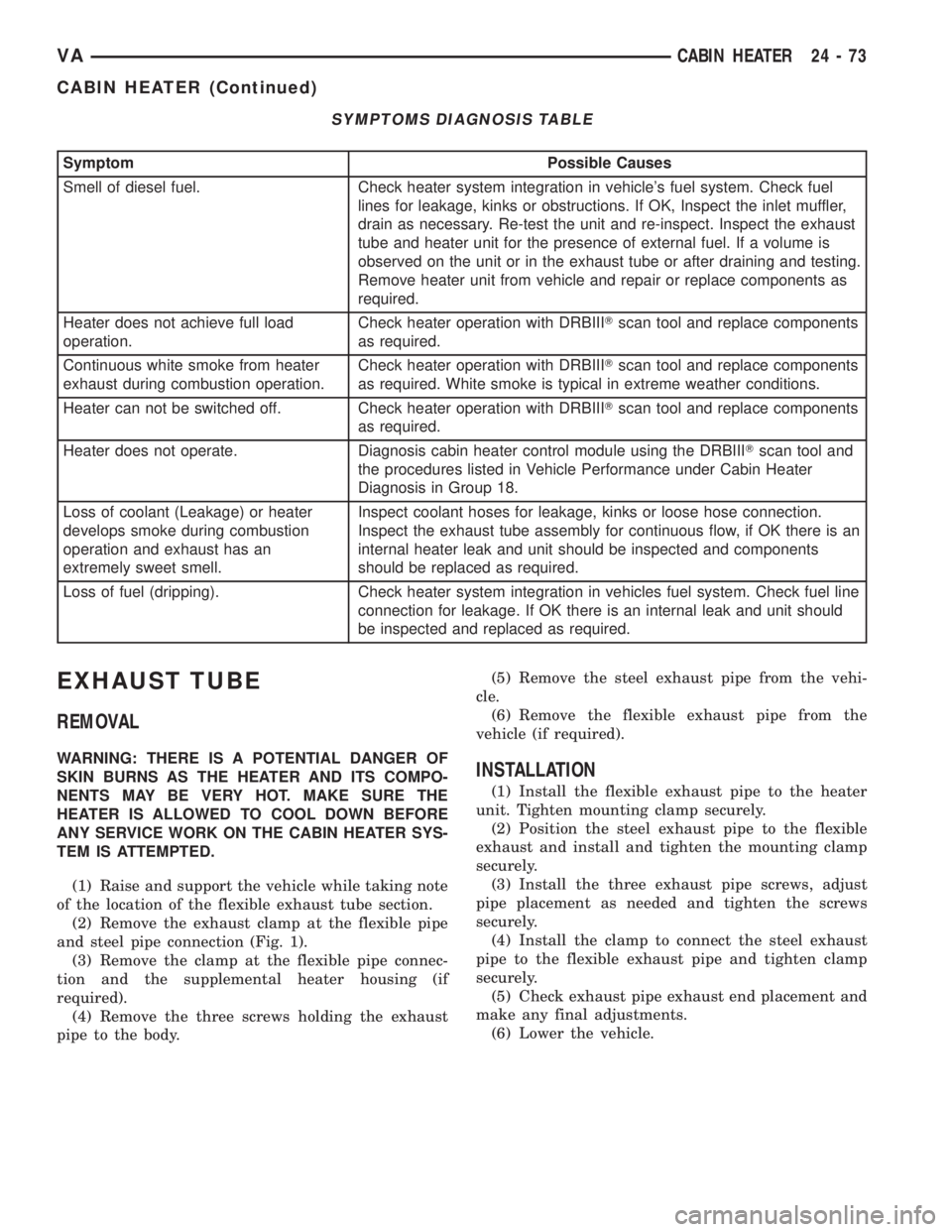 MERCEDES-BENZ SPRINTER 2005 Service Repair Manual SYMPTOMS DIAGNOSIS TABLE
Symptom Possible Causes
Smell of diesel fuel. Check heater system integration in vehicles fuel system. Check fuel
lines for leakage, kinks or obstructions. If OK, Inspect the MERCEDES-BENZ SPRINTER 2005 Service Repair Manual SYMPTOMS DIAGNOSIS TABLE
Symptom Possible Causes
Smell of diesel fuel. Check heater system integration in vehicles fuel system. Check fuel
lines for leakage, kinks or obstructions. If OK, Inspect the