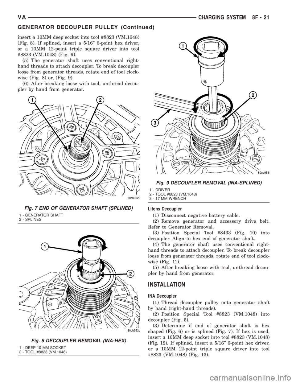 MERCEDES-BENZ SPRINTER 2005 Service Repair Manual insert a 10MM deep socket into tool #8823 (VM.1048)
(Fig. 8). If splined, insert a 5/16º 6-point hex driver,
or a 10MM 12-point triple square driver into tool
#8823 (VM.1048) (Fig. 9).
(5) The genera MERCEDES-BENZ SPRINTER 2005 Service Repair Manual insert a 10MM deep socket into tool #8823 (VM.1048)
(Fig. 8). If splined, insert a 5/16º 6-point hex driver,
or a 10MM 12-point triple square driver into tool
#8823 (VM.1048) (Fig. 9).
(5) The genera