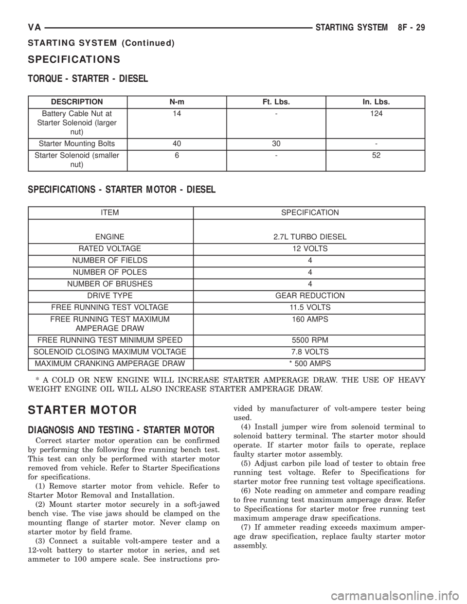 MERCEDES-BENZ SPRINTER 2005 Service Repair Manual SPECIFICATIONS
TORQUE - STARTER - DIESEL
DESCRIPTION N-m Ft. Lbs. In. Lbs.
Battery Cable Nut at
Starter Solenoid (larger
nut)14 - 124
Starter Mounting Bolts 40 30 -
Starter Solenoid (smaller
nut)6-52
MERCEDES-BENZ SPRINTER 2005 Service Repair Manual SPECIFICATIONS
TORQUE - STARTER - DIESEL
DESCRIPTION N-m Ft. Lbs. In. Lbs.
Battery Cable Nut at
Starter Solenoid (larger
nut)14 - 124
Starter Mounting Bolts 40 30 -
Starter Solenoid (smaller
nut)6-52